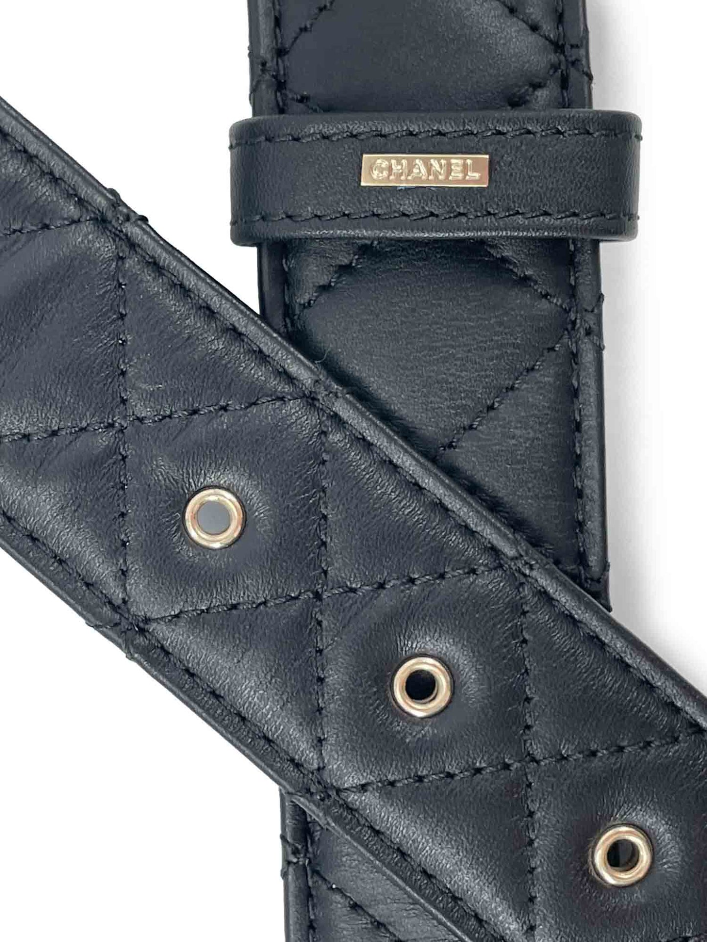 Chanel CC Logo Quilted Leather Belt Black Silver
