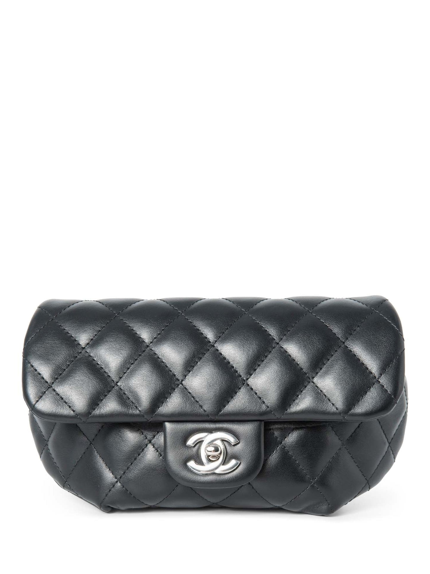 Chanel CC Logo Quilted Leather Chain Belt Bag Black Silver