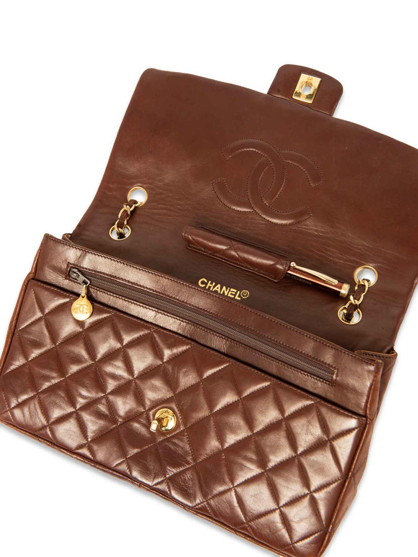 Chanel CC Logo Quilted Leather Medium Flap Bag Brown Gold