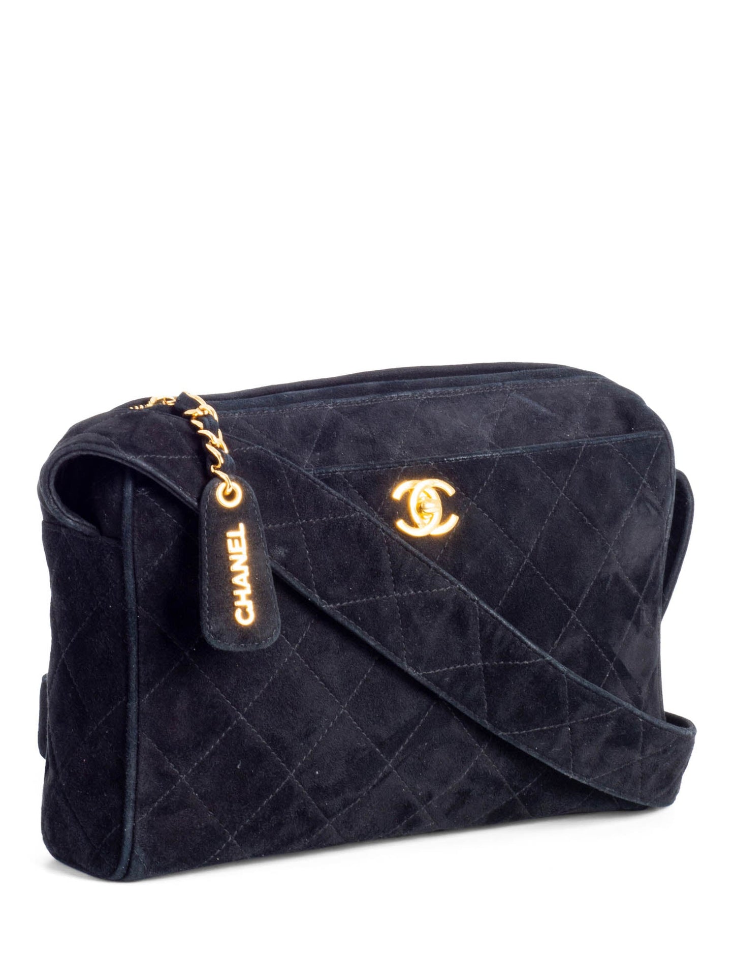 Chanel CC Logo Quilted Suede Camera Messenger Bag Black