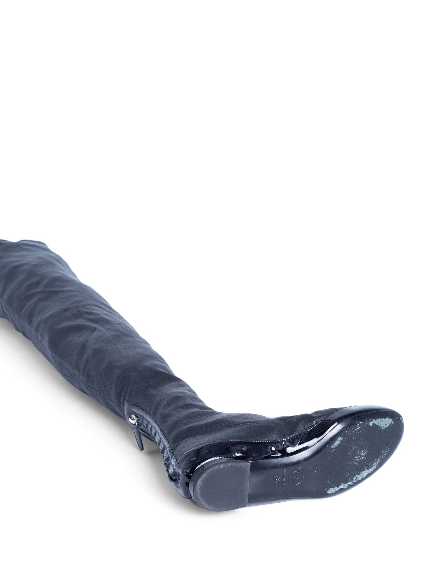 Chanel CC Logo Stretchy Leather Cap Toe Over The Knee Boots Black