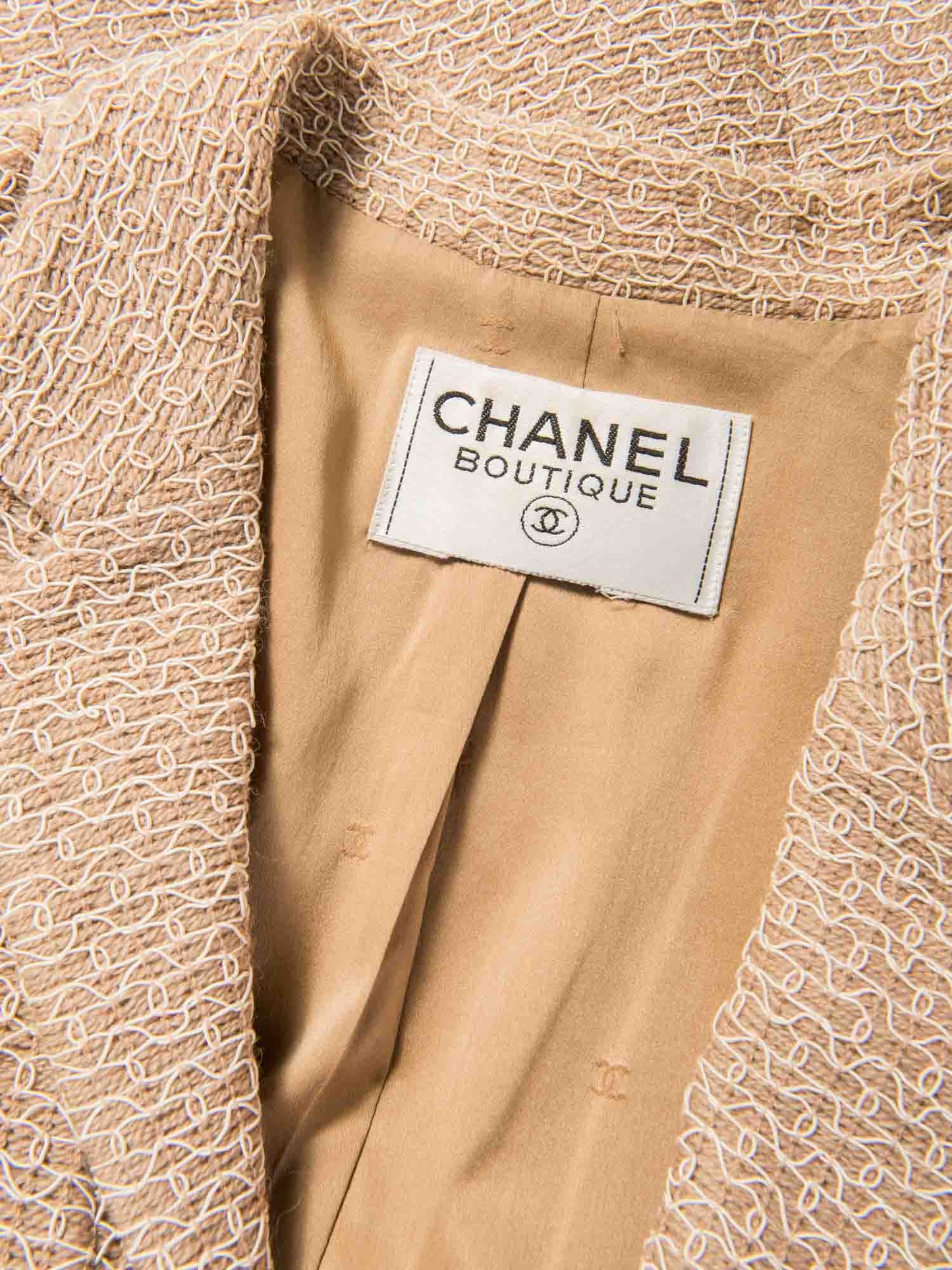 Chanel CC Logo Tweed Jacket Beige White Silver