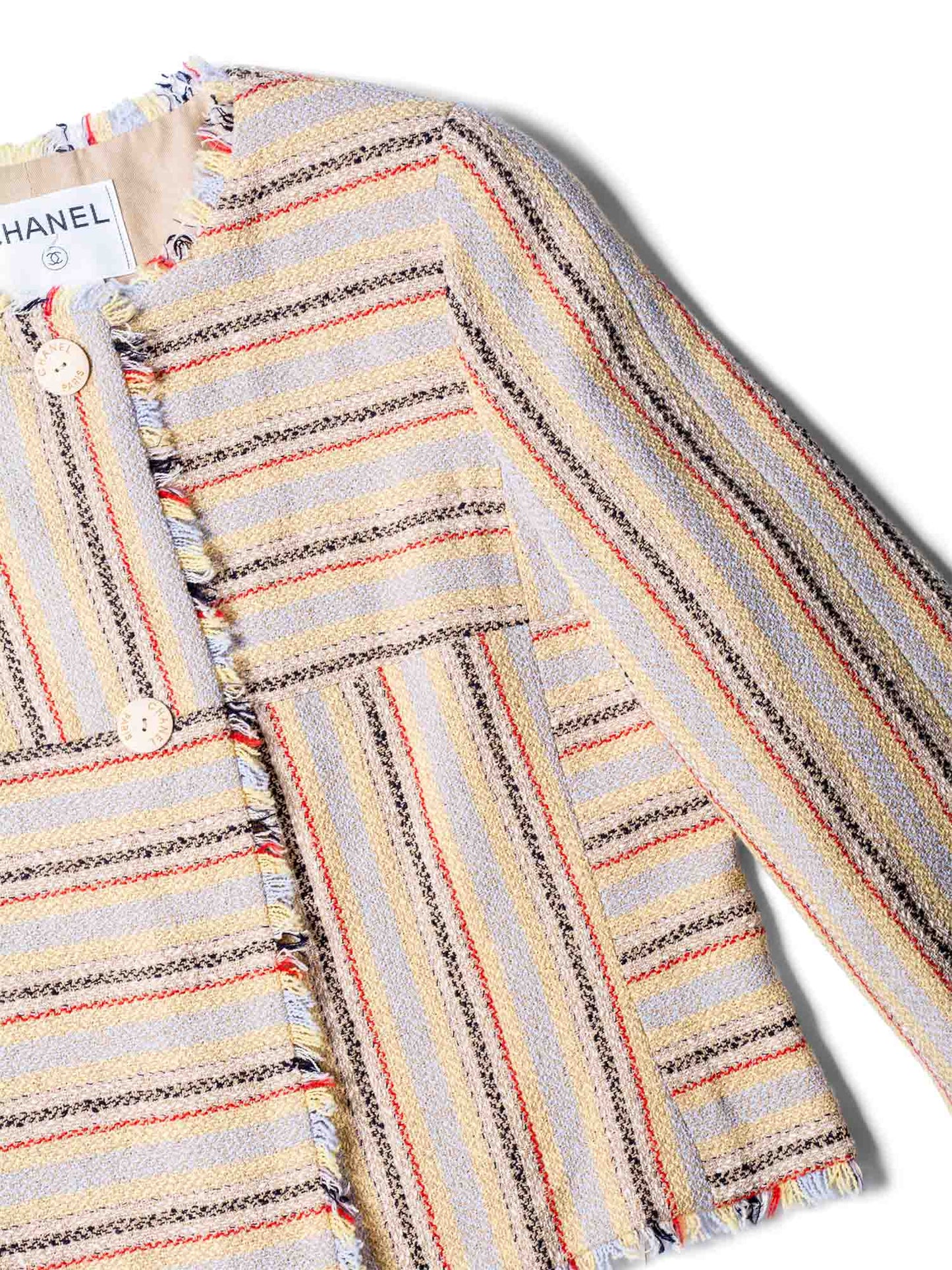 Chanel Cotton Tweed Fringe Striped Jacket Multicolor