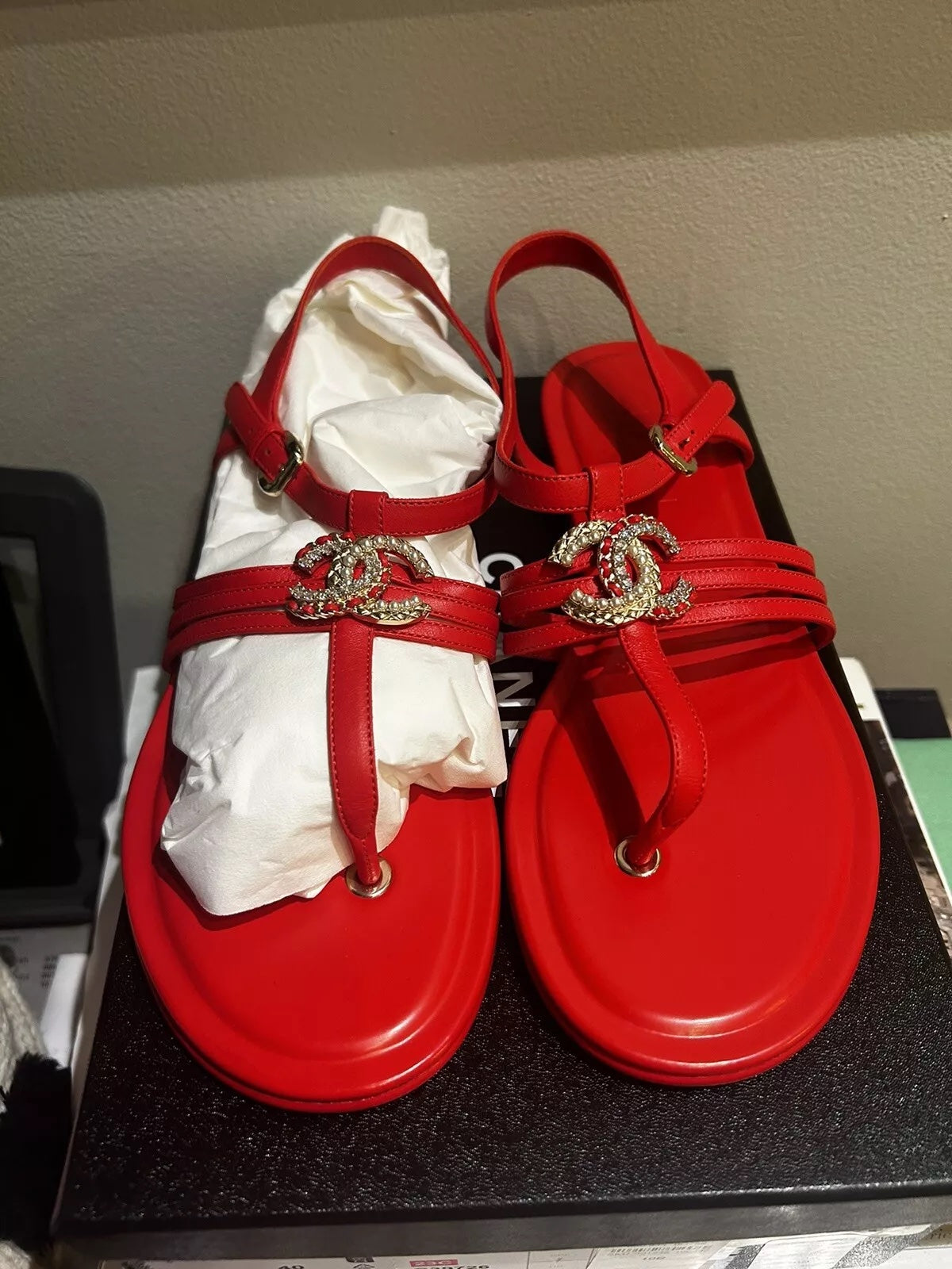 CHANEL INTERLOCKING CC LOGO T-STRAP SANDALS