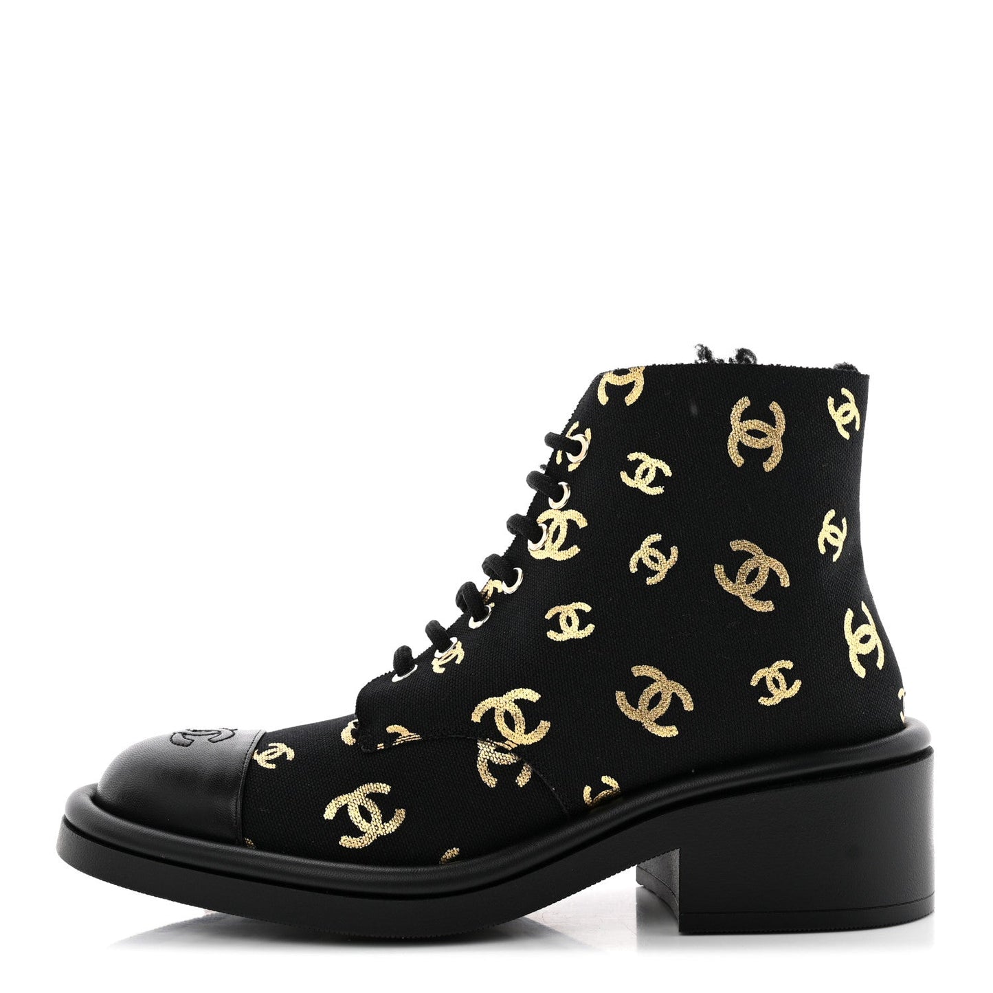 CHANEL LAMBSKIN CANVAS CC LACE-UP BOOTS