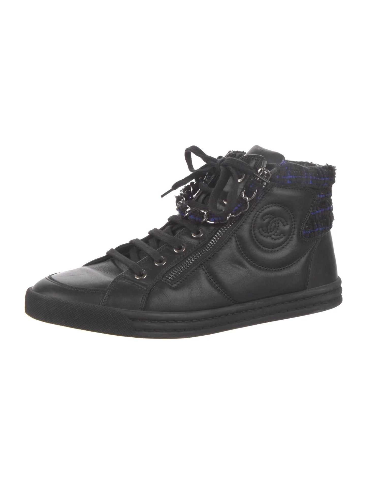 Chanel Lambskin Leather Tweed Zipped Hi Top Sneakers for Women