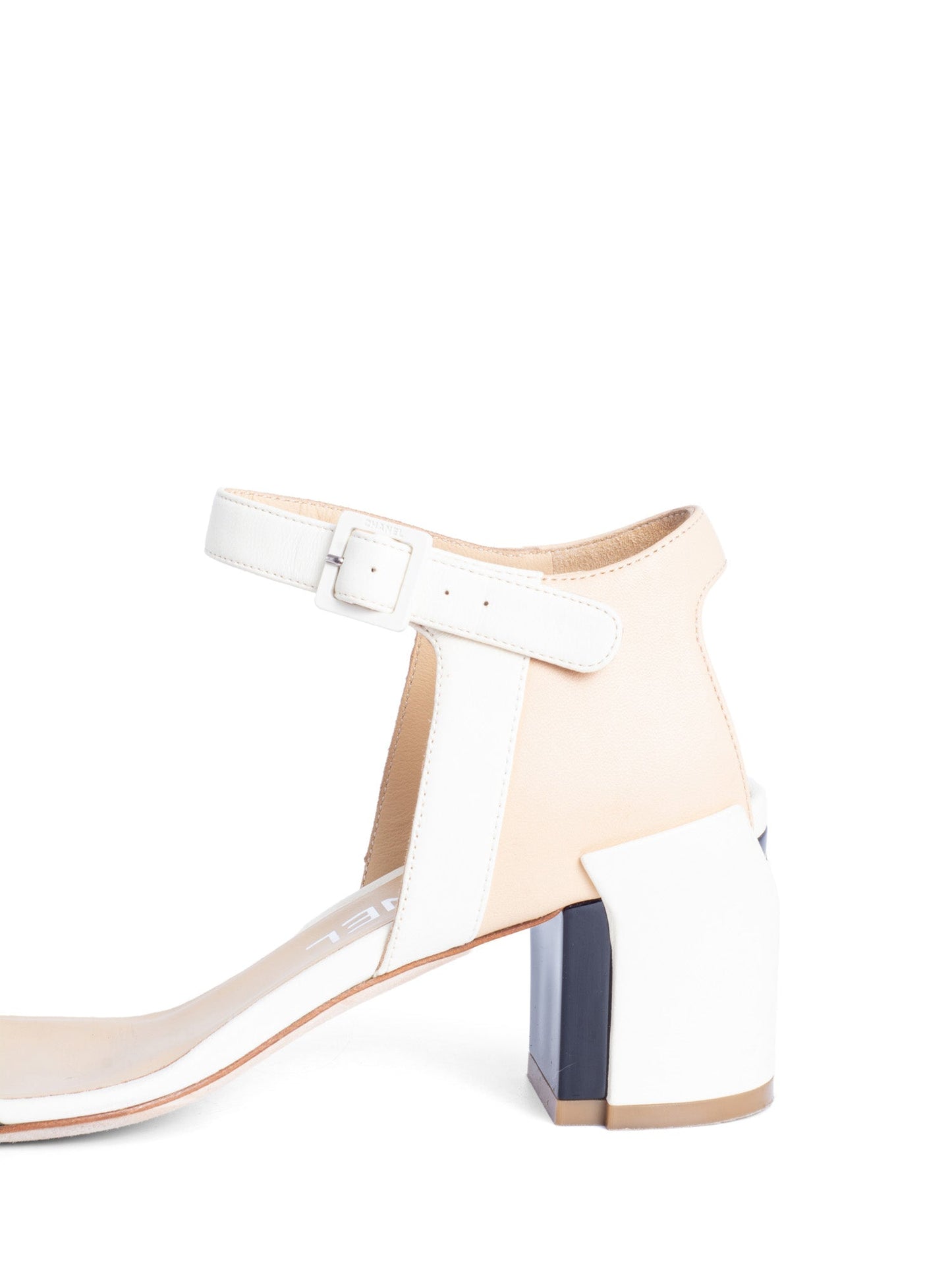 Chanel Leather CC Logo Block Heel Ankle Strap Sandals Ivory Tan Black