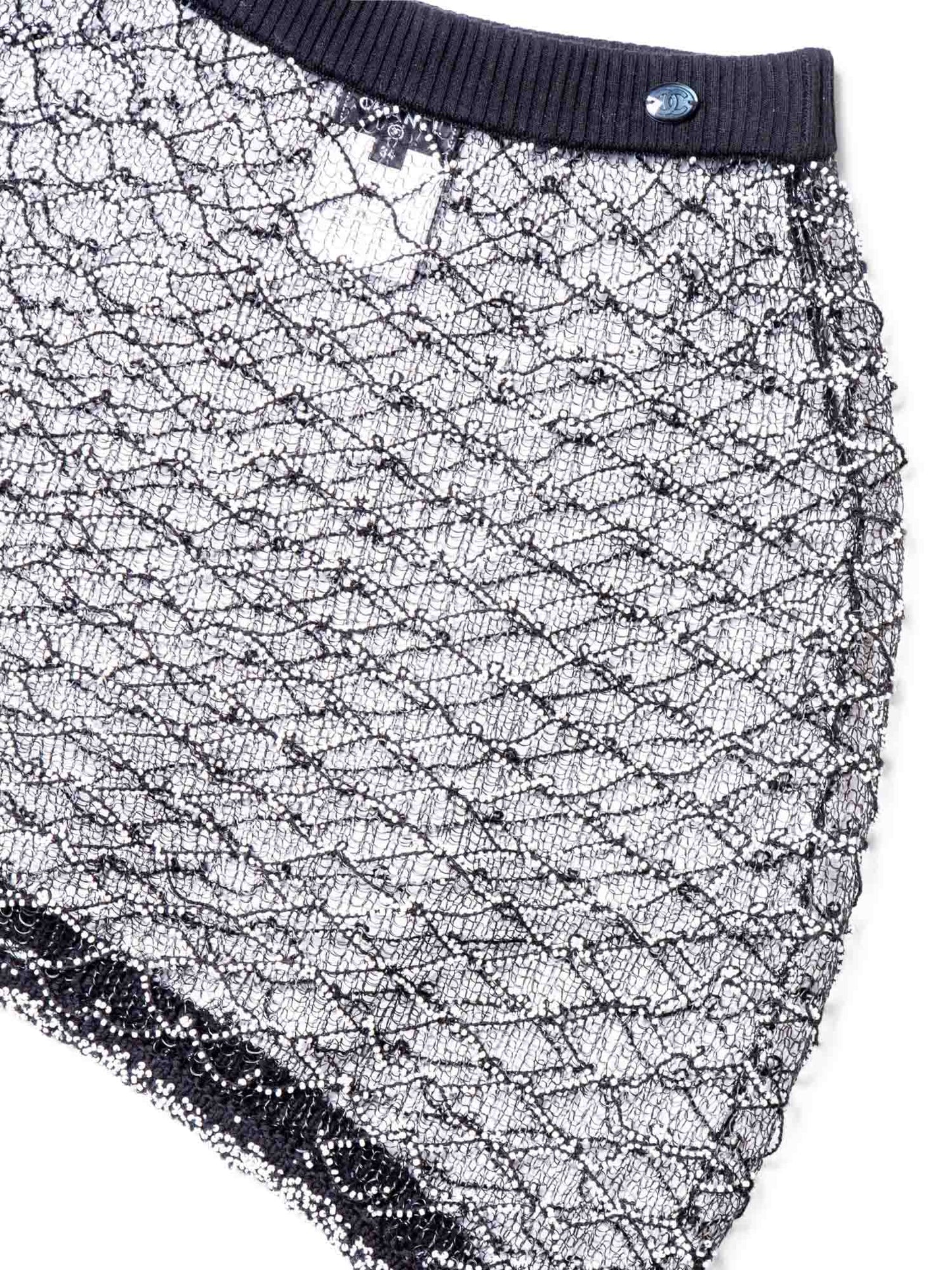 Chanel Logo Mini Asymmetric Mesh Beaded Skirt Black White