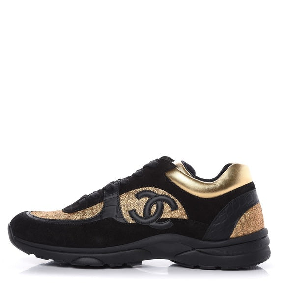 CHANEL CC METALLIC SUEDE CALFSKIN MIXED FABRIC SNEAKERS
