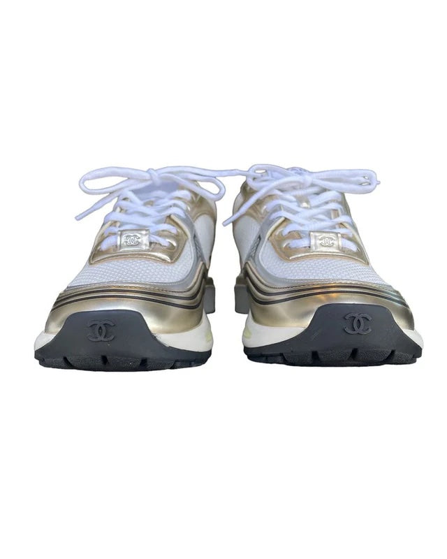 CHANEL MIXED FABRIC METALLIC LAMINATED CALFSKIN CC SNEAKERS