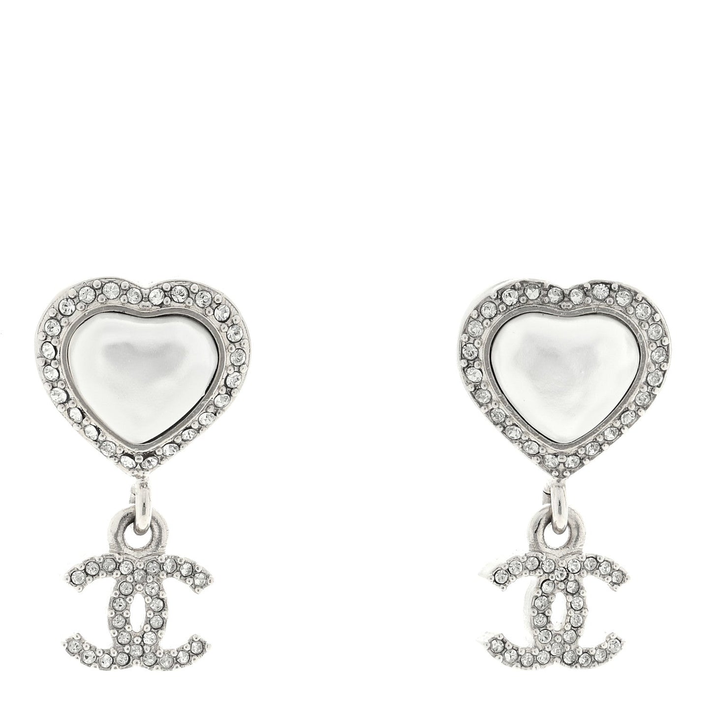 CHANEL PEARL CRYSTAL CC HEART DROP EARRINGS