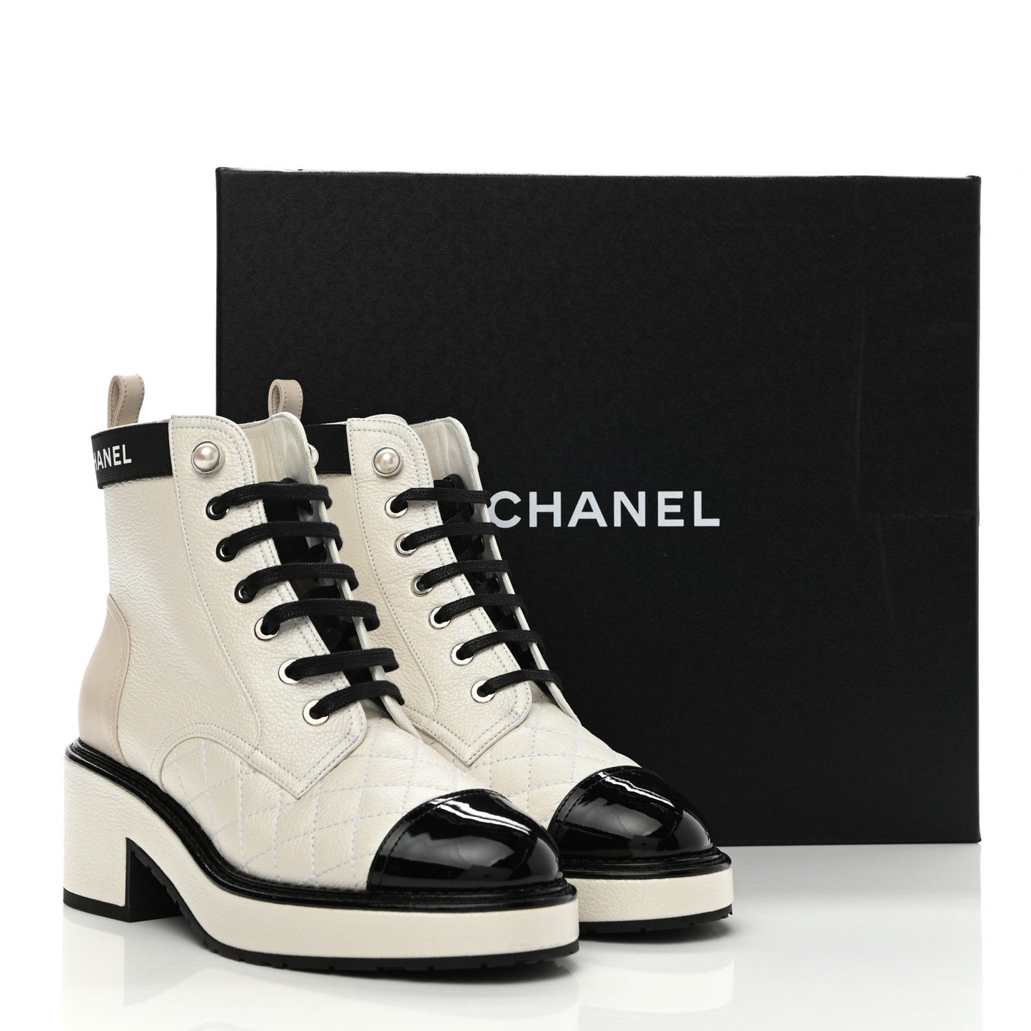 Chanel Pearly Calfskin Quilted Lace Up Boots for Women