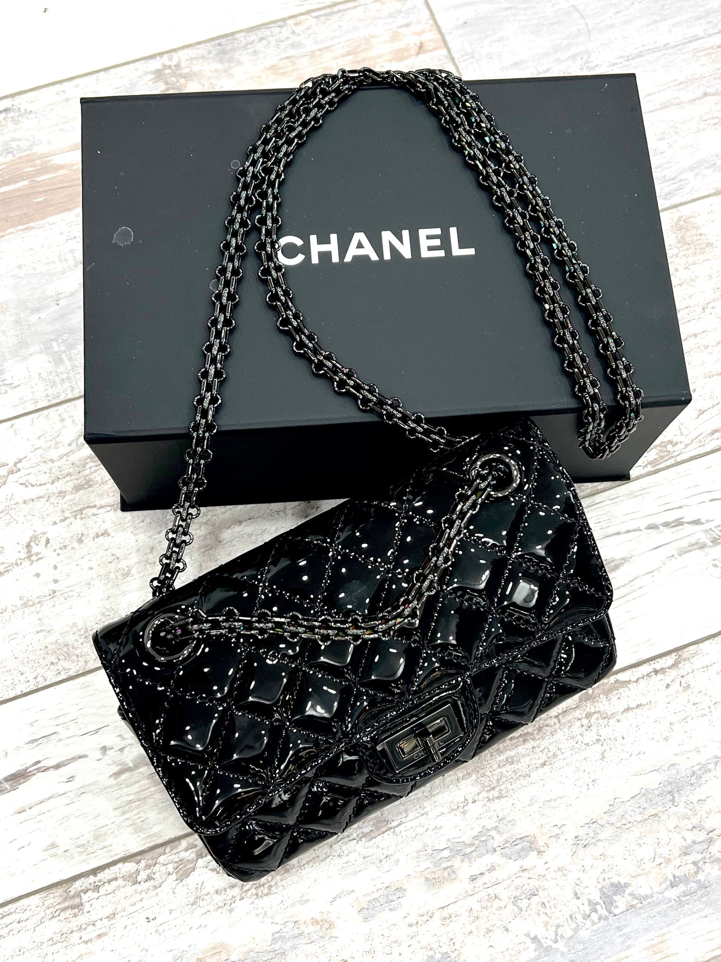 Chanel QUILTED PATENT REISSUE SO FLAP Black Leather Shoulder Bag