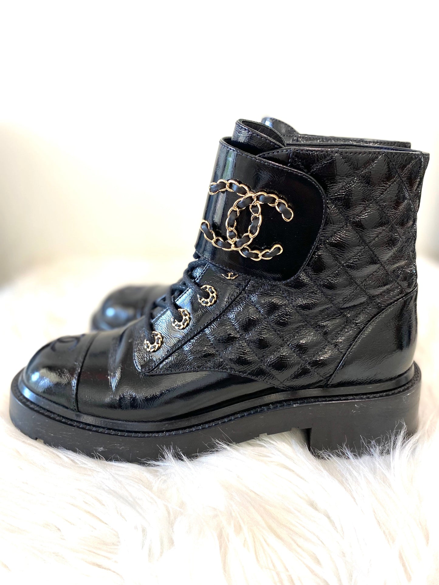 CHANEL SHINY CALFSKIN QUILTED COMBAT CHAIN BOOTS