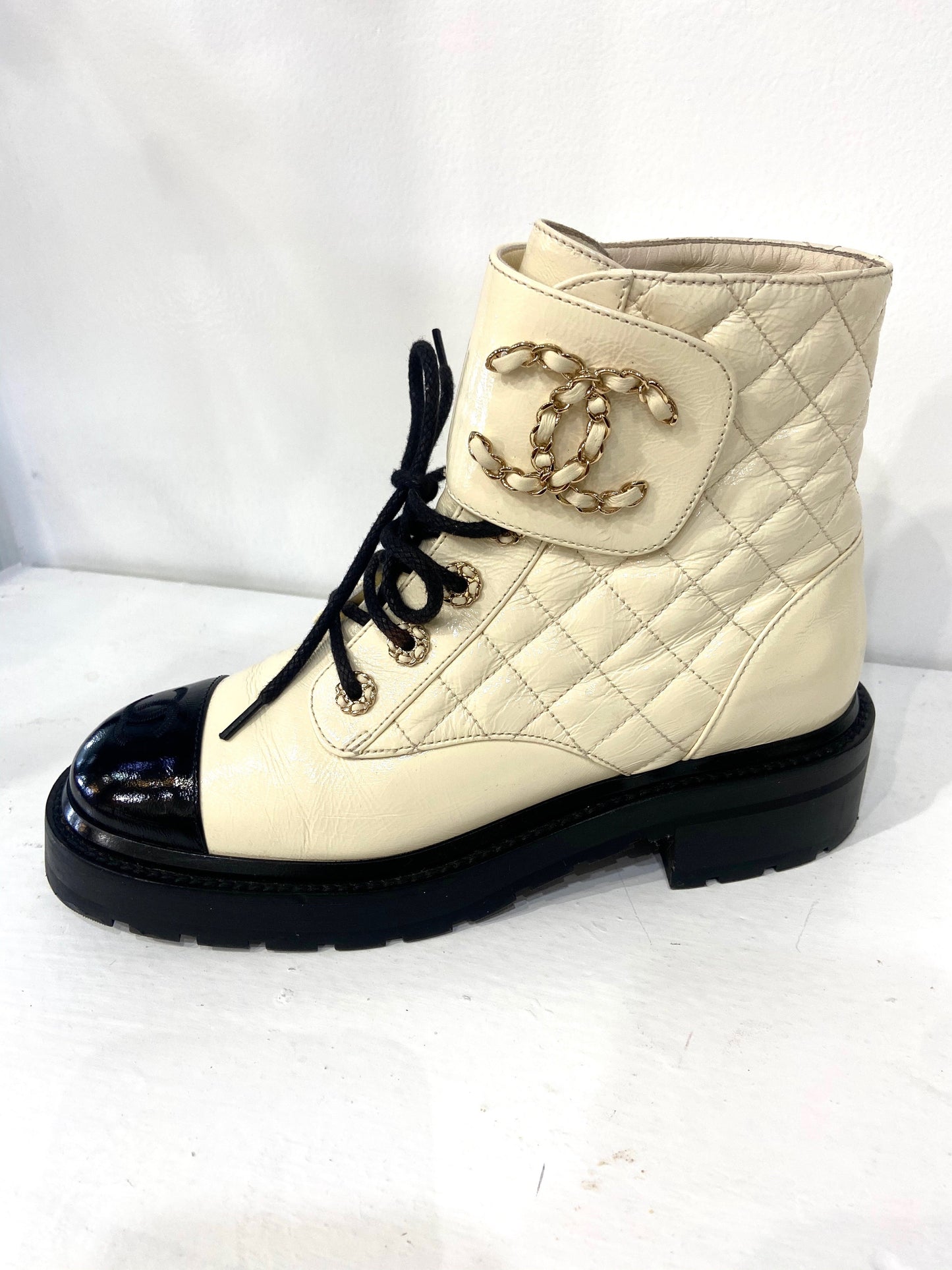 Chanel Shiny Goatskin Quilted Calfskin Lace Up Combat Boots for Women