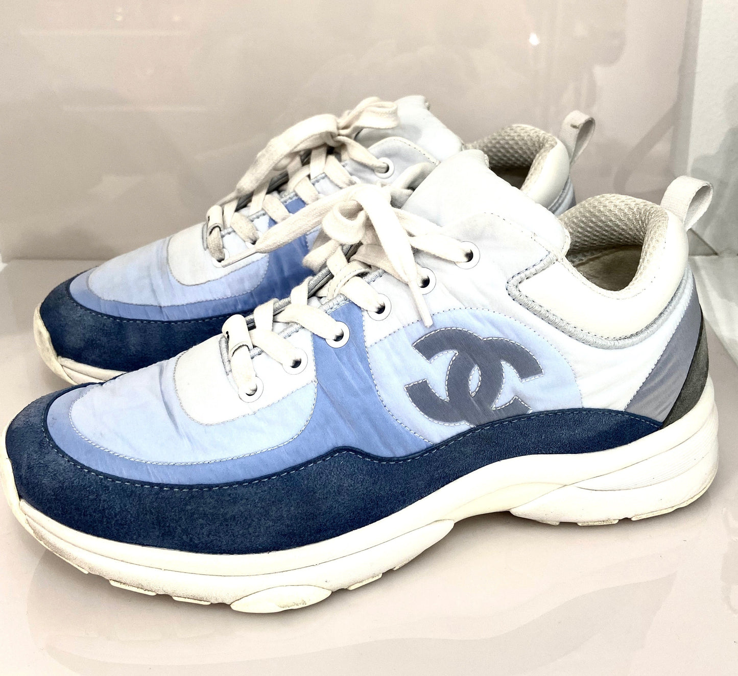 Chanel CC Suede Calfskin Nylon Sneakers in Sky Blue for Women