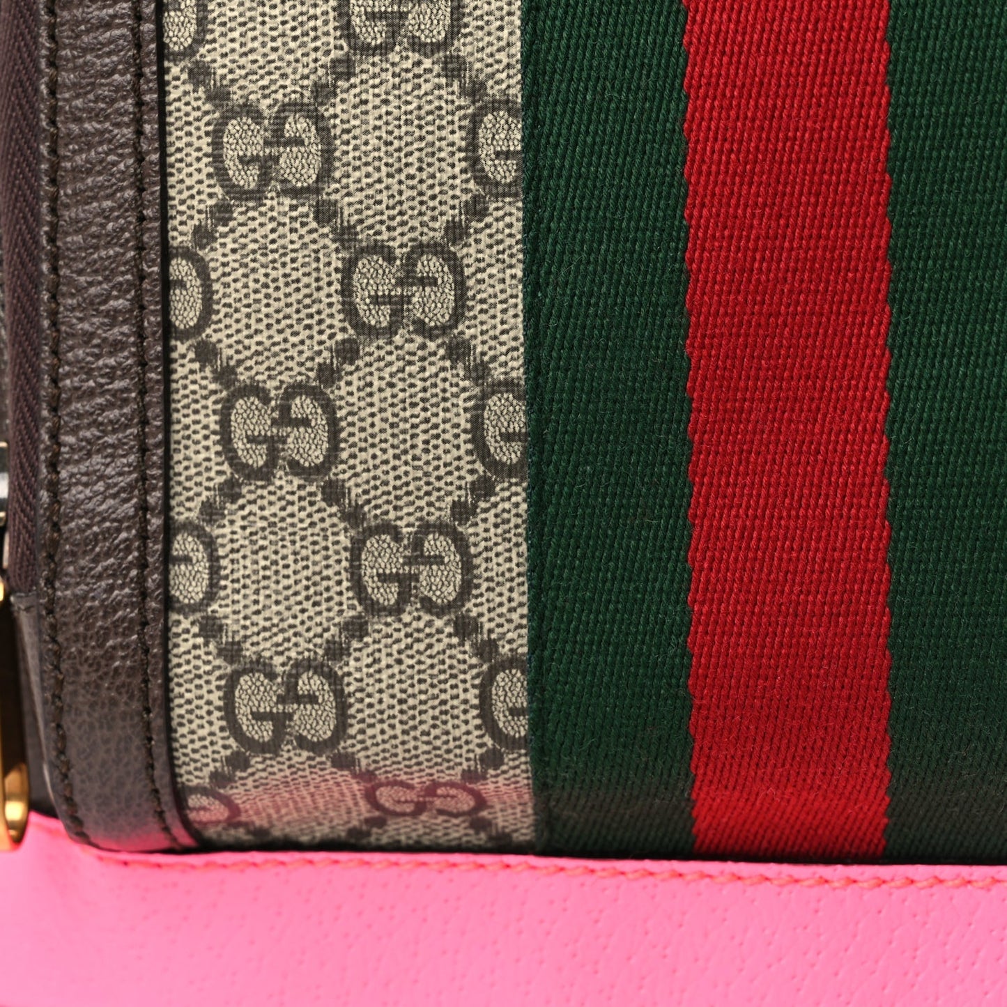 Gucci GG Supreme Monogram Textured Dollar Calfskin Web Small Ophidia Day Backpack Beige Ebony Fluorescent Fuchsia
