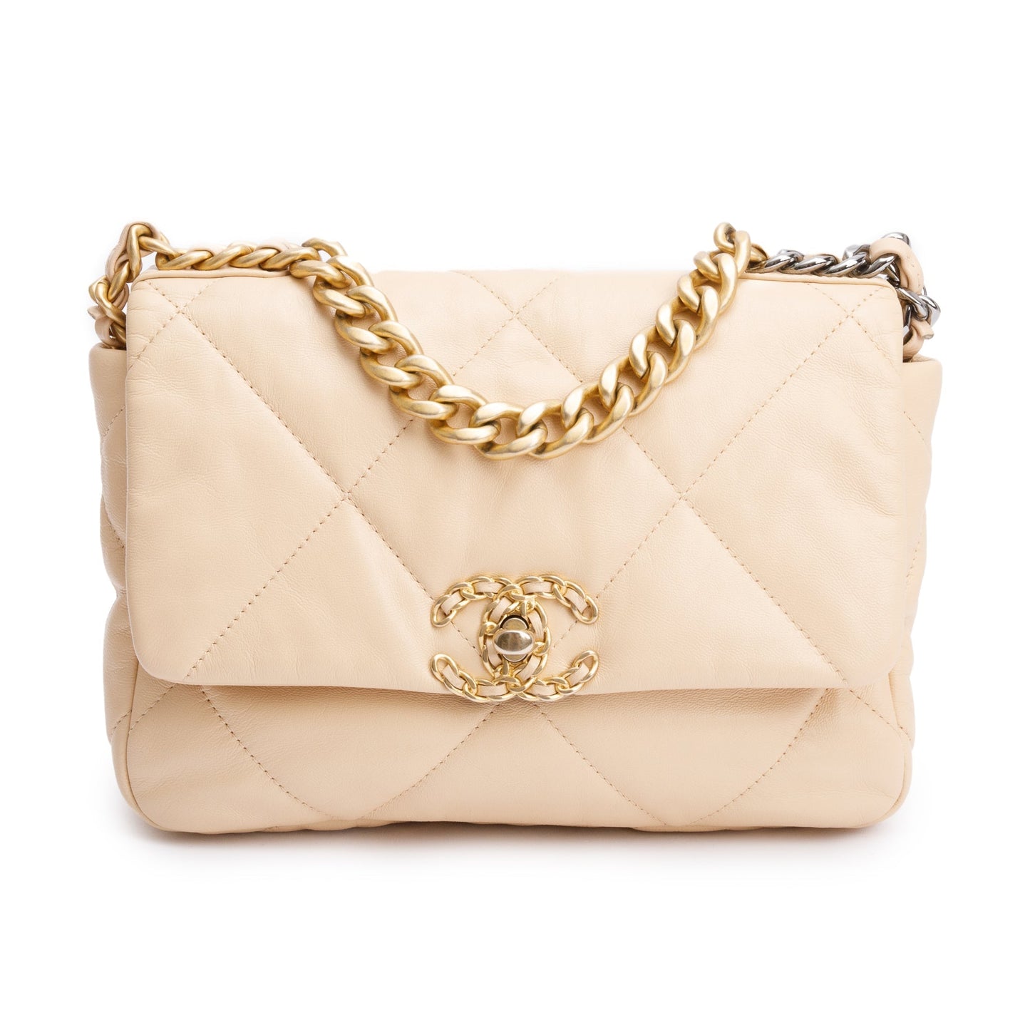 Chanel 19 Flap Leather Lambskin Beige Travel Bag