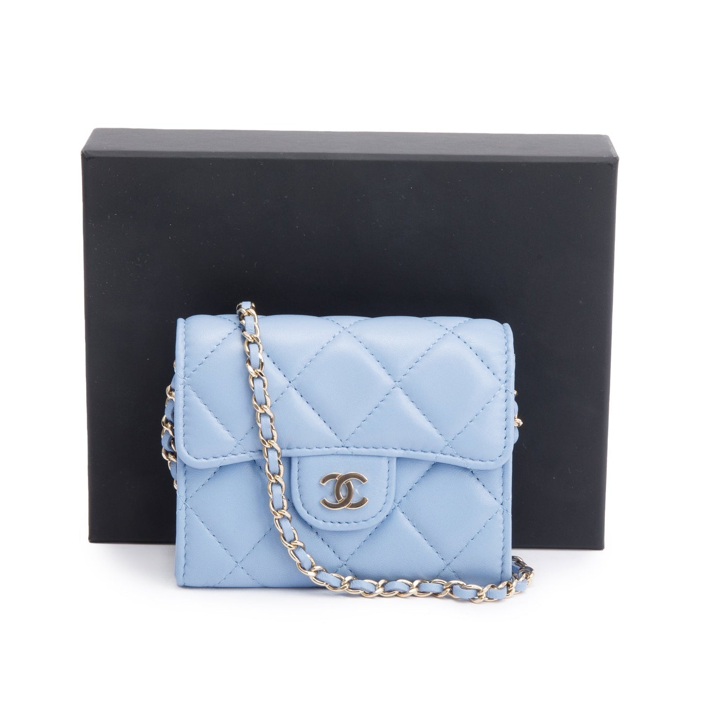 Chanel Quilted Card Holder On Leather Lambskin Blue Wallet Case