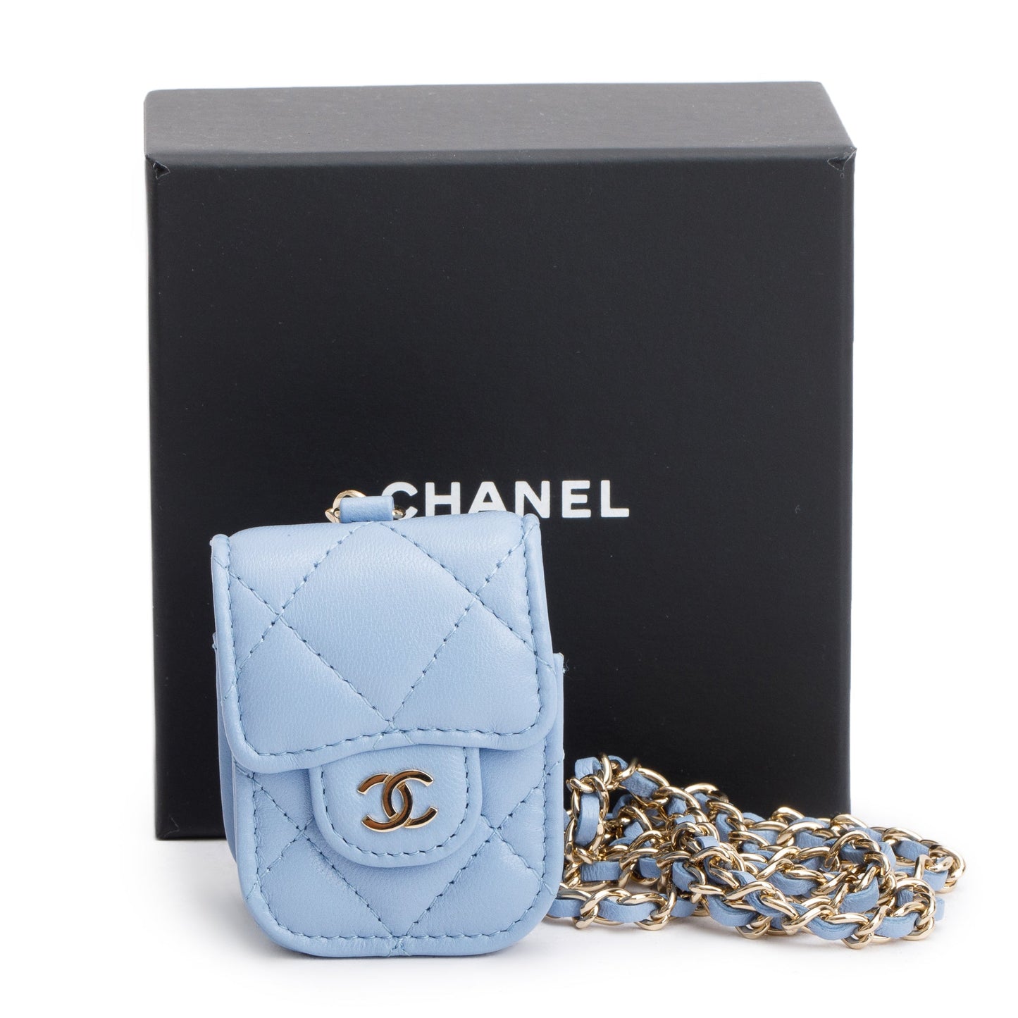 Chanel Quilted Airpods Flap on Leather Lambskin Blue Travel Bag