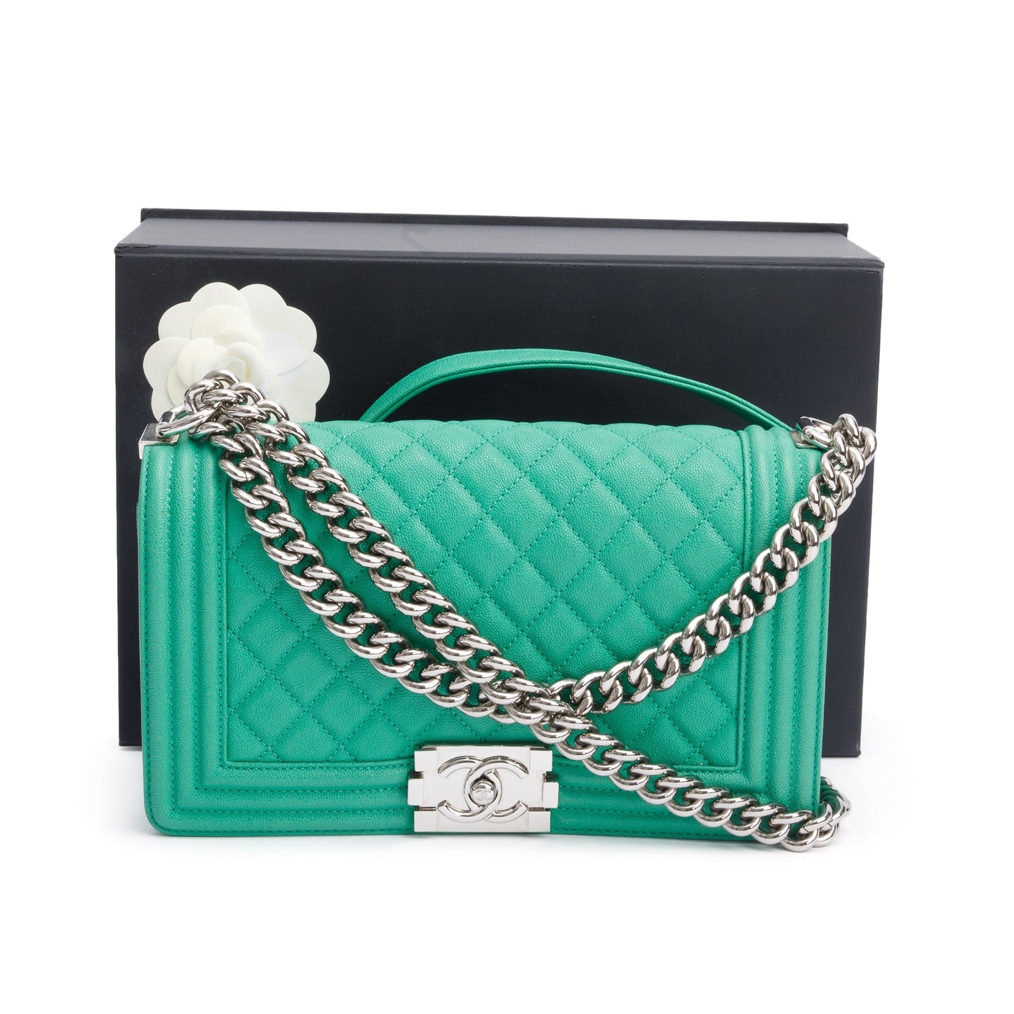 Chanel Quilted Caviar Boy Leather Green Travel Bag