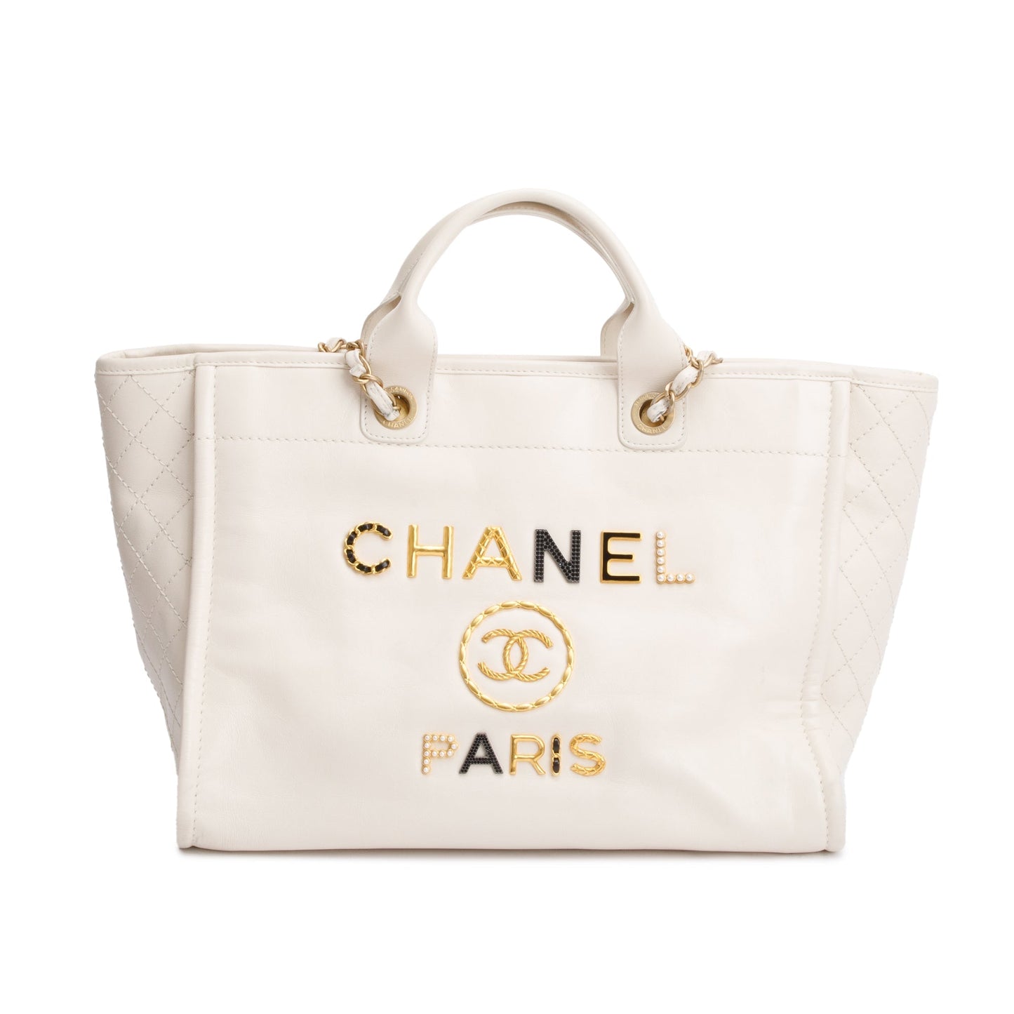Chanel Neutral Embellised Deauville Logo Charms Leather Calfskin Key Chain