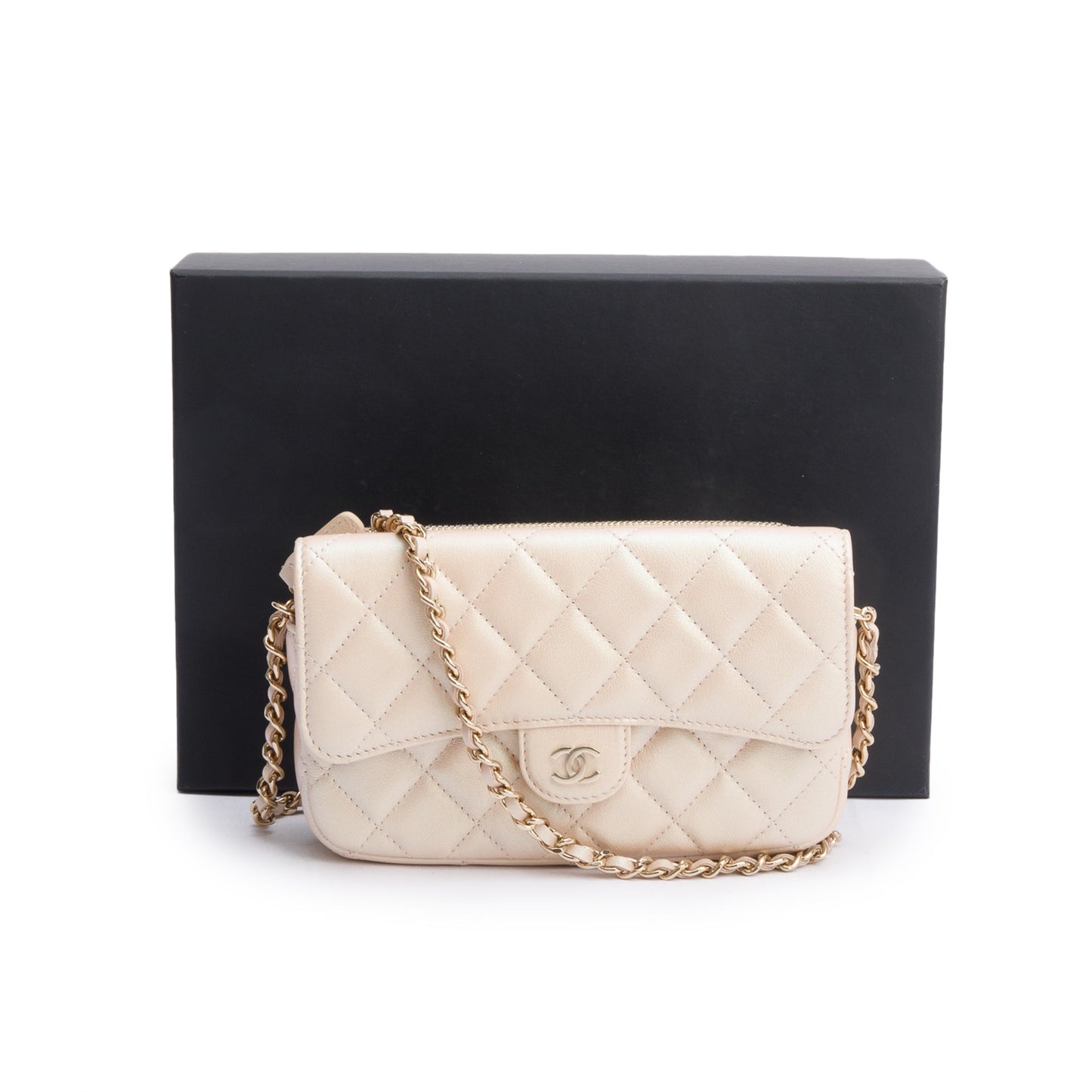 Chanel Iridescent Quilted Classic Flap Phone Leather Calfskin Beige Travel Bag