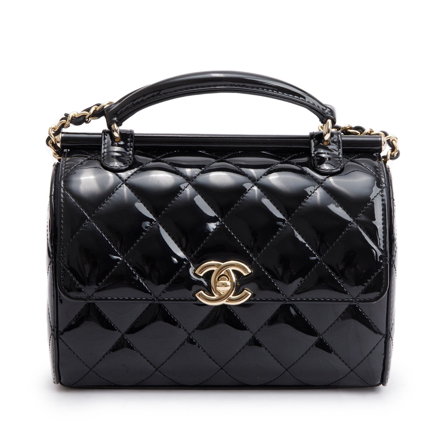 Chanel Quilted Patent Top Handle Flap Leather Black Travel Bag