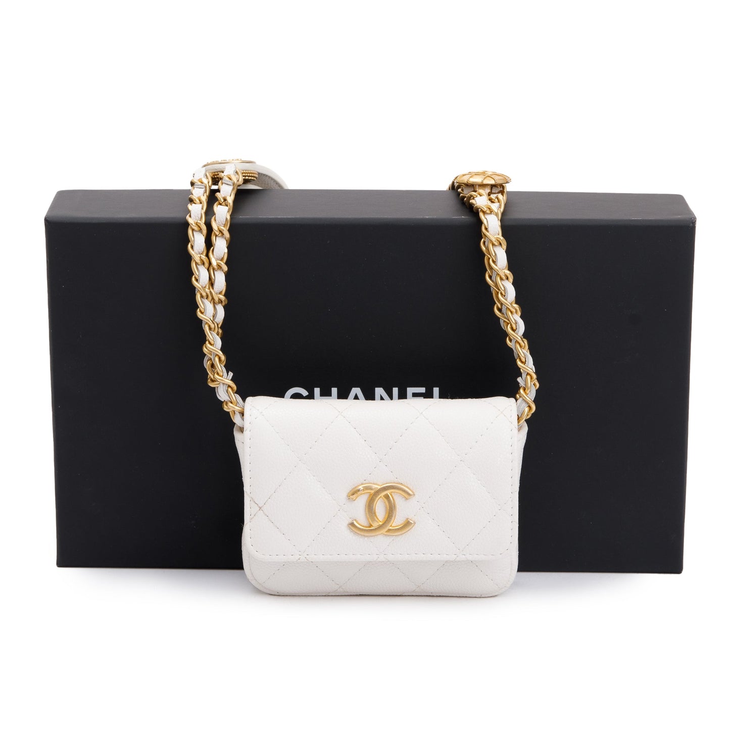 Chanel Quilted Caviar Twist Your Buttons Leather White Belt