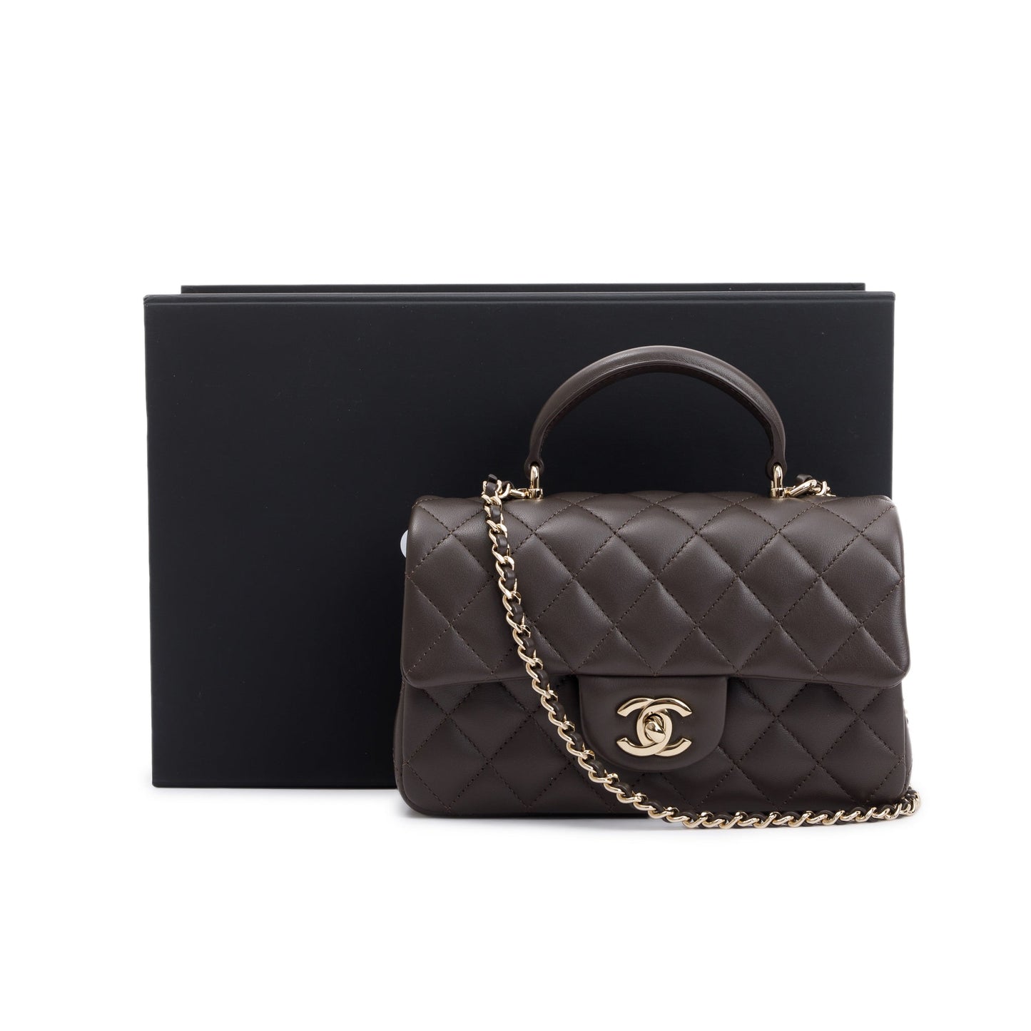 Chanel Quilted Top Handle Rectangular Flap Leather Lambskin Brown Travel Bag