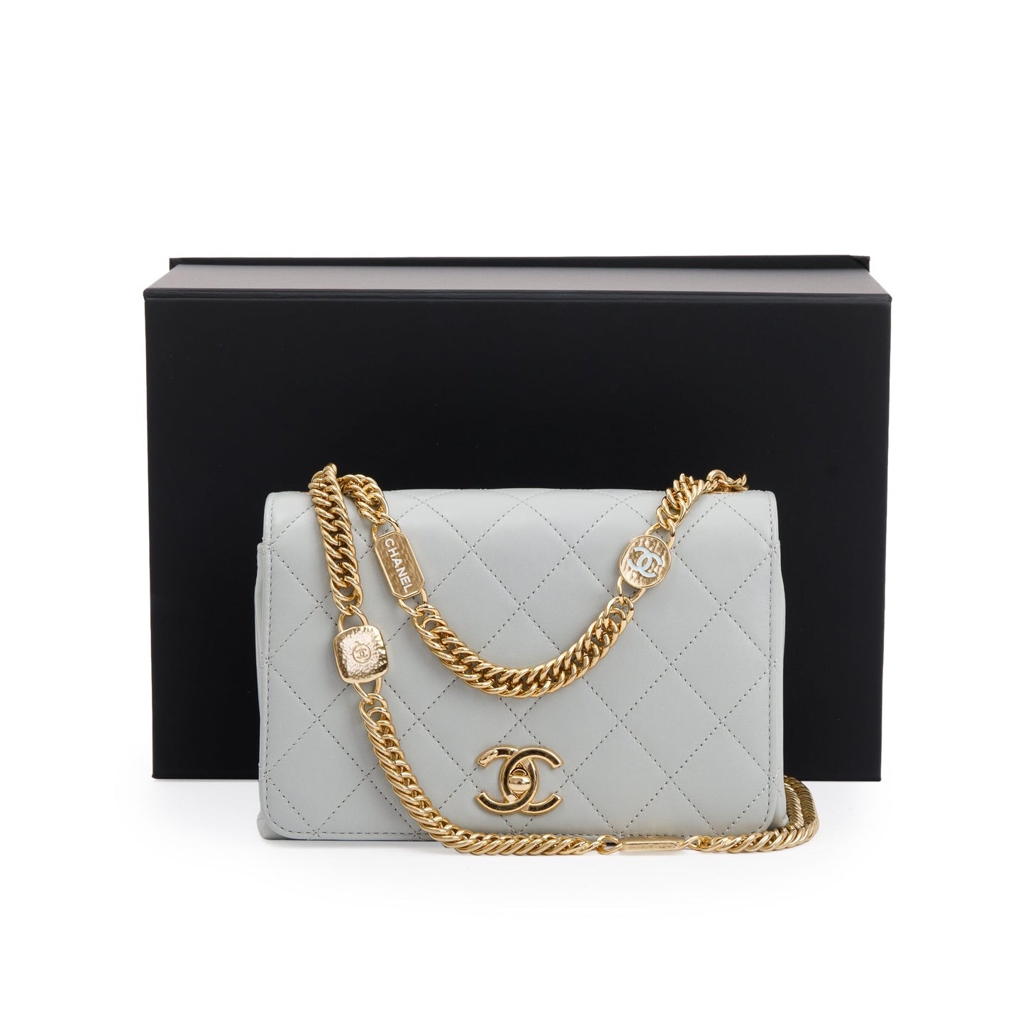 Chanel Quilted Logo Handle Flap Leather Lambskin Grey Travel Bag