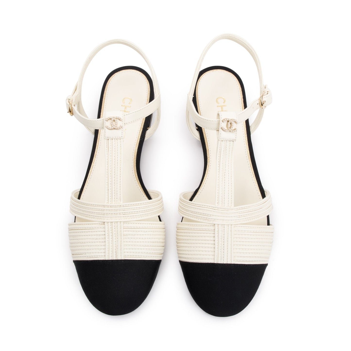 Chanel Interlocking CC Logo Slingback Flats Lambskin Black White Shoes