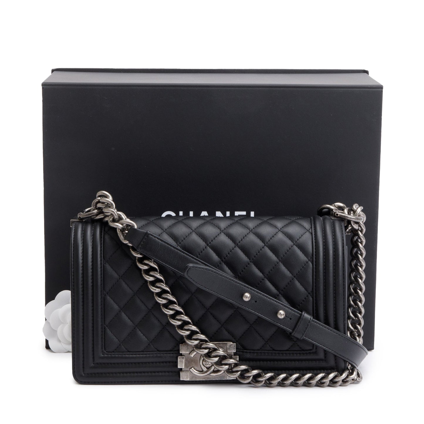 Chanel Boy Lambskin Black Travel Bag W Box