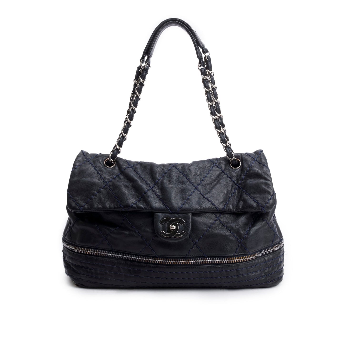 Chanel Navy Quilted Stitched Expandable Ligne Leather Calfskin Travel Bag