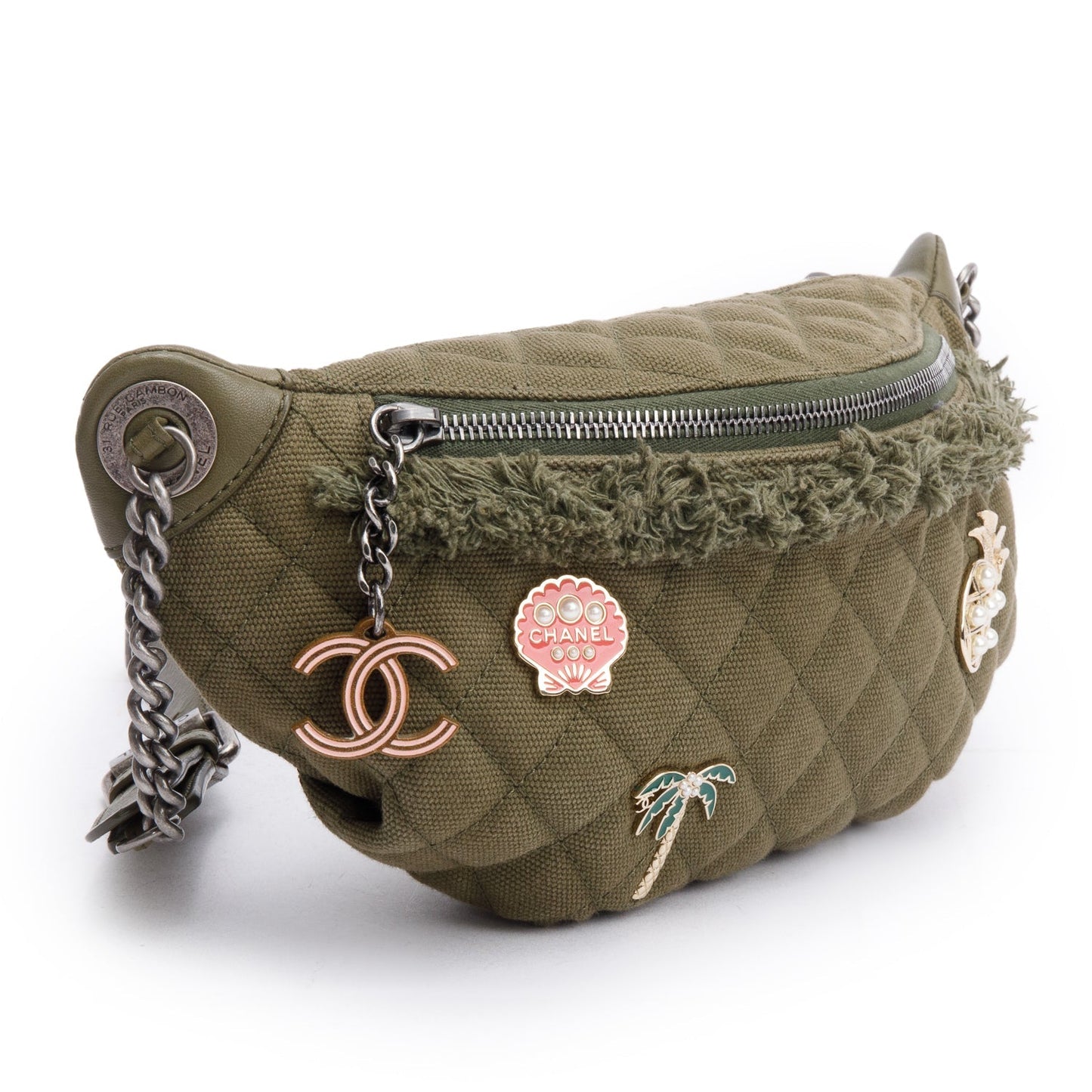 Chanel Khaki & Quilted Cocco Cuba Canvas Leather Lambskin Key Chain