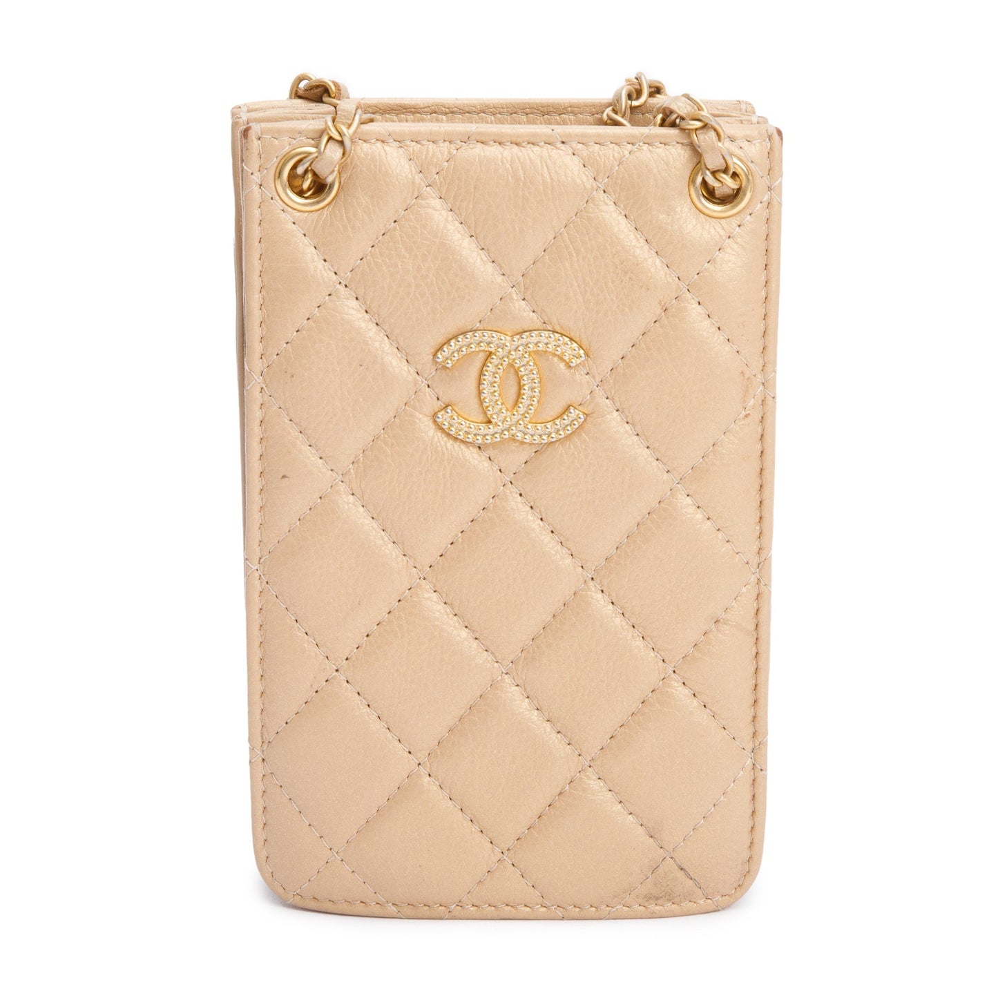 Chanel Iridescent Quilted CC Phone Holder Leather Calfskin Beige Travel Bag