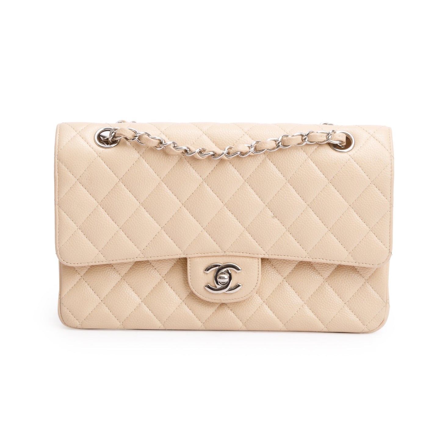 Chanel Quilted Caviar Classic Double Flap Leather Beige Travel Bag
