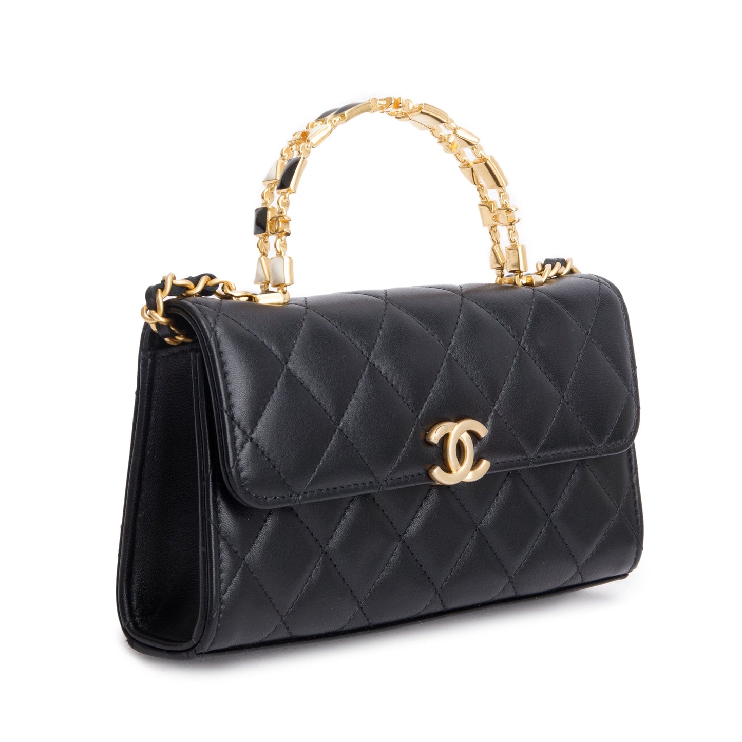 Chanel Enamel Top Handle Phone Holder Lambskin Black Travel Bag