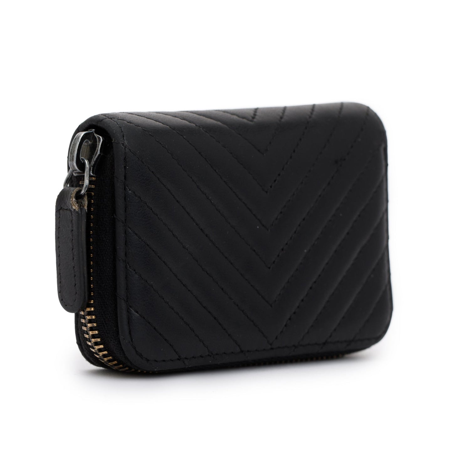 Chanel Chevron Classic Zipped Coin Purse Leather Calfskin Black Wallet Case