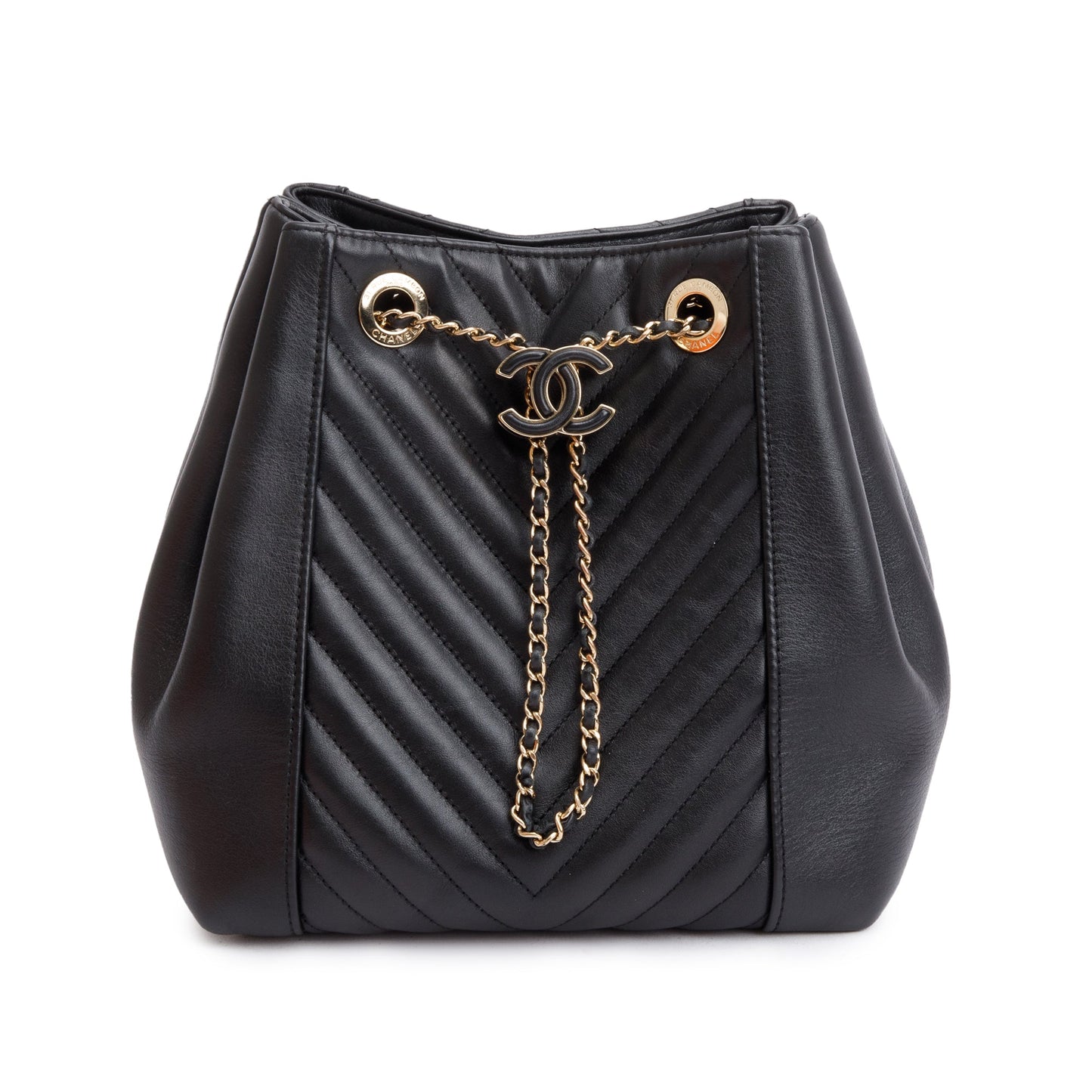 Chanel Chevron Drawstring Bucket Leather Calfskin Black Jewelry