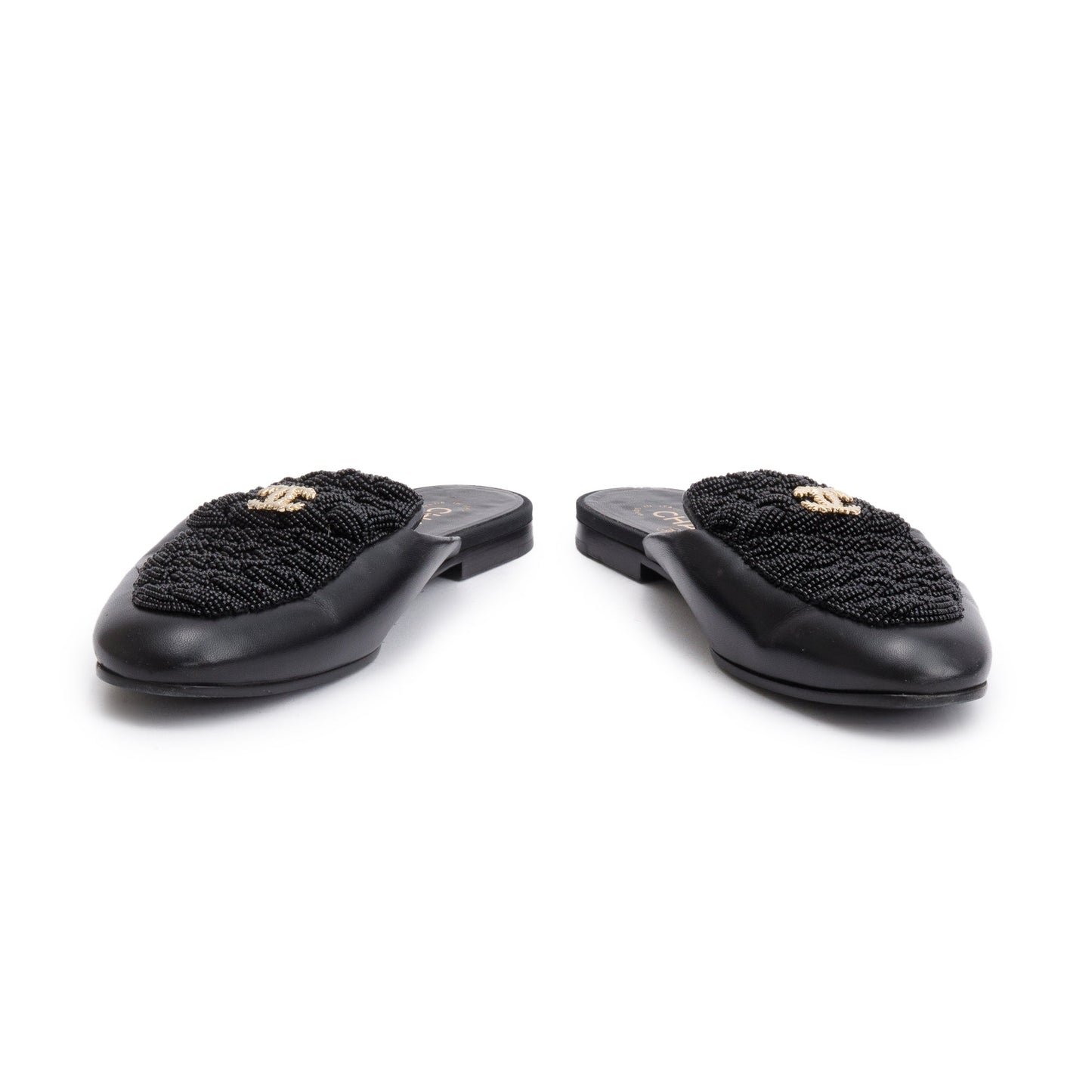 Chanel CC Beaded Flat Mules Leather Lambskin Black Shoes