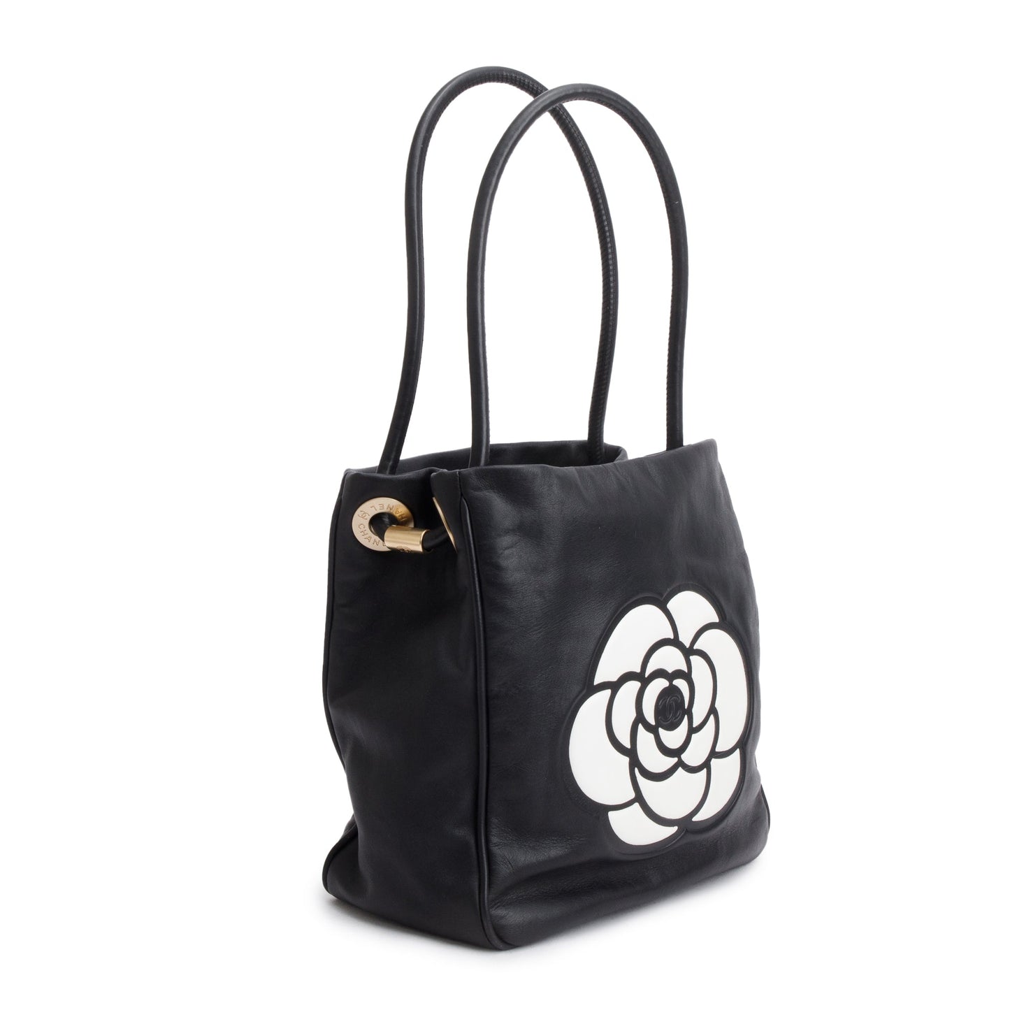 Chanel Camellia Logo Leather Lambskin Black Travel Bag
