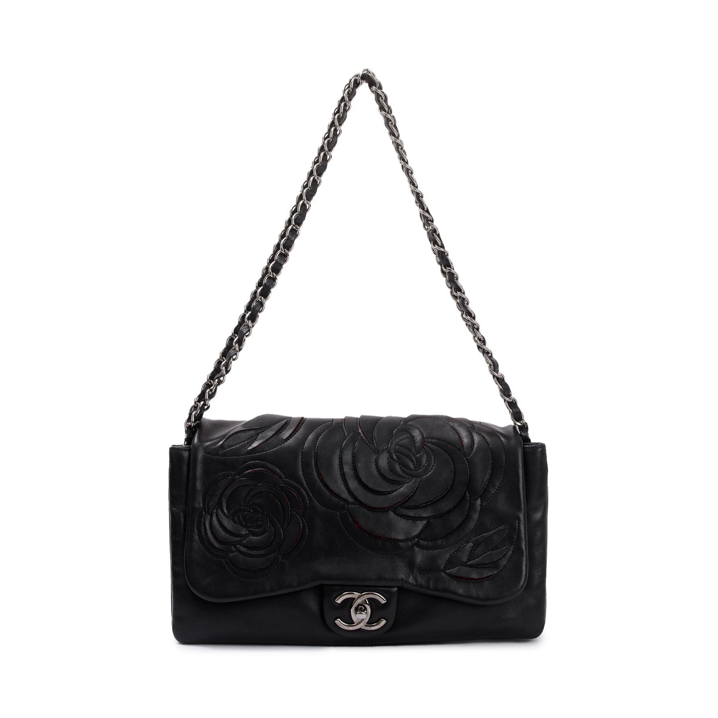 Chanel Tweed Camellia Petals Flap Leather Lambskin Black Travel Bag