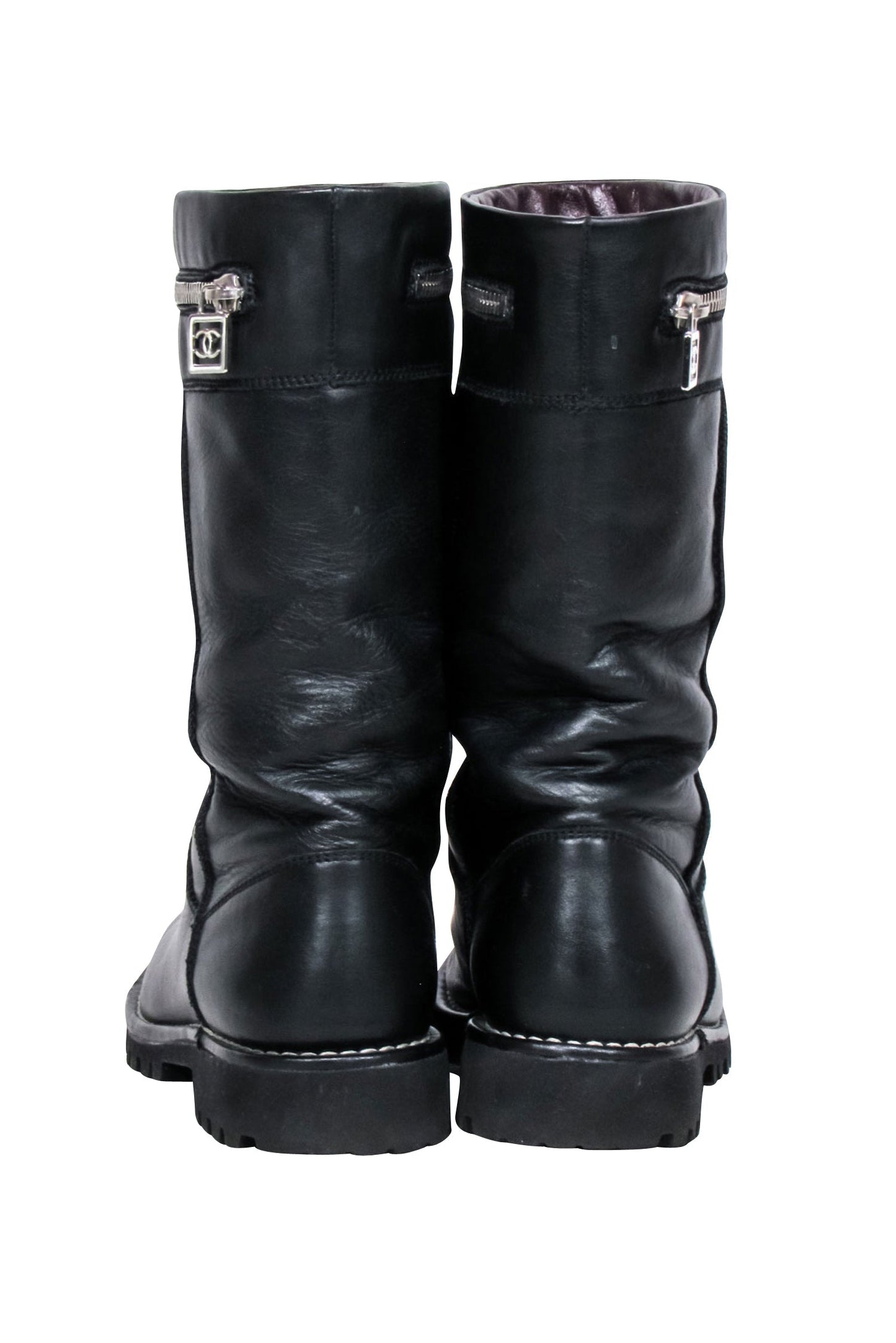Chanel - Black Leather Mid Calf Boots Sz