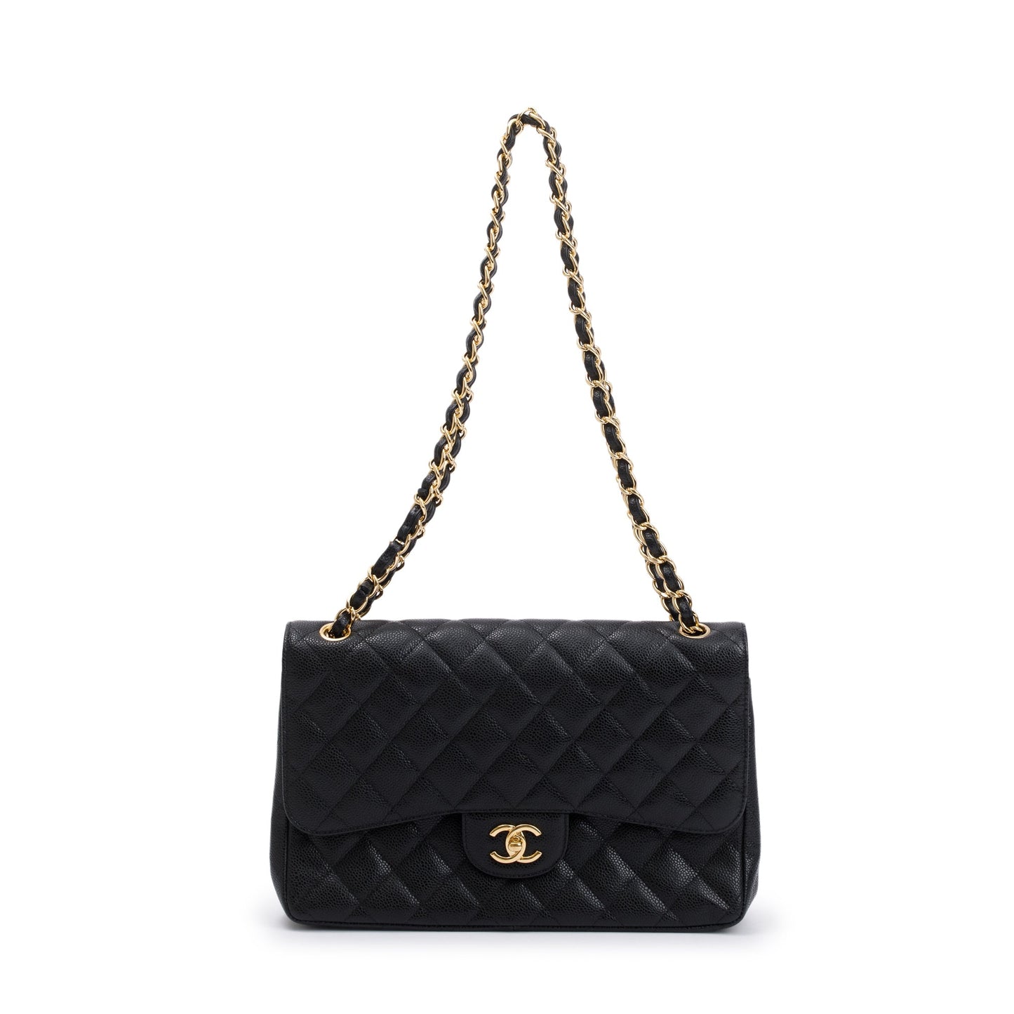 Chanel Quilted Caviar Classic Jumbo Double Leather Black Travel Bag