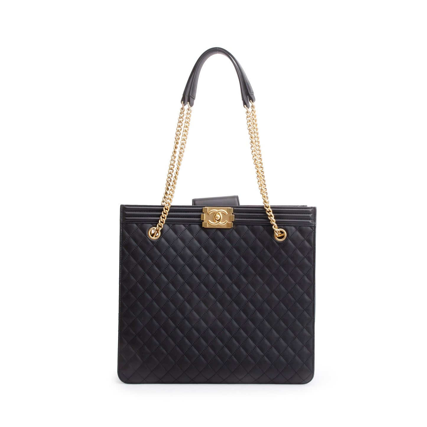Chanel Quilted Boy Shopping Leather Lambskin Black Travel Bag Shopping Tote