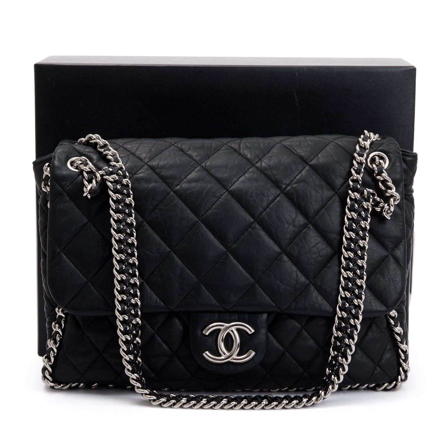 Chanel Quilted Maxi Around Flap Leather Lambskin Black Travel Bag