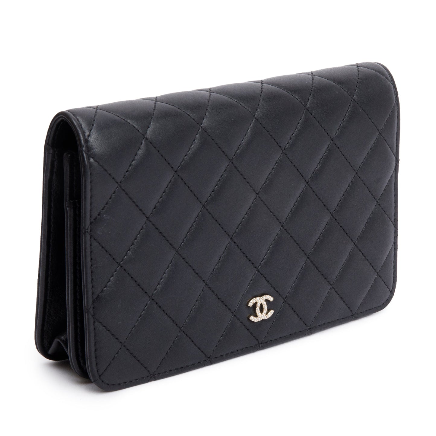 Chanel Quilted Pearl on Leather Lambskin Black Wallet Case