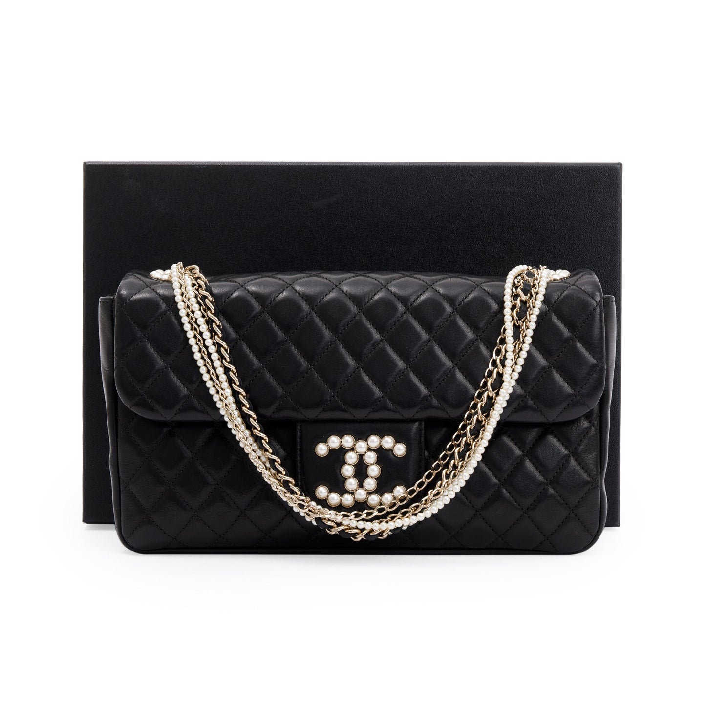 Chanel Quilted Westmintser Pearl Flap Leather Lambskin Black Travel Bag