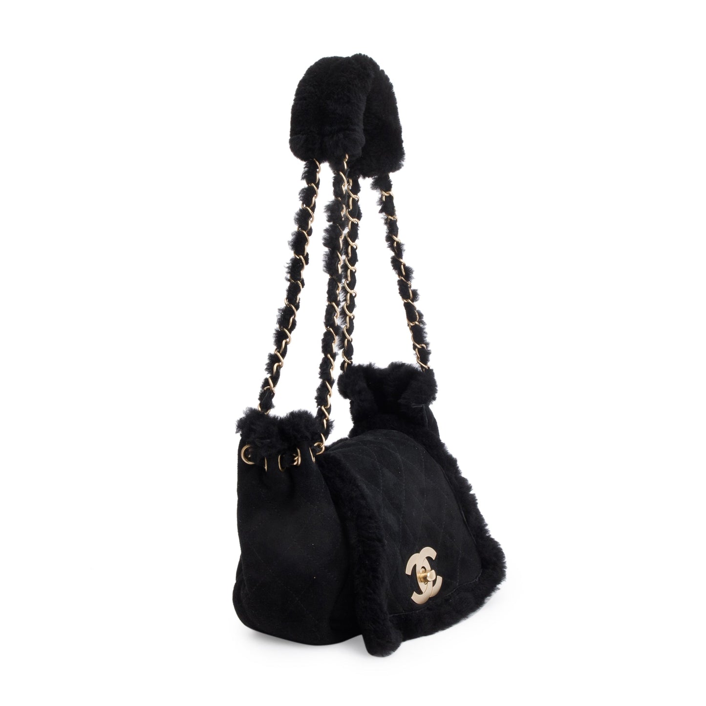 Chanel Quilted Nubuck Shearling CC Flap Black Travel Bag